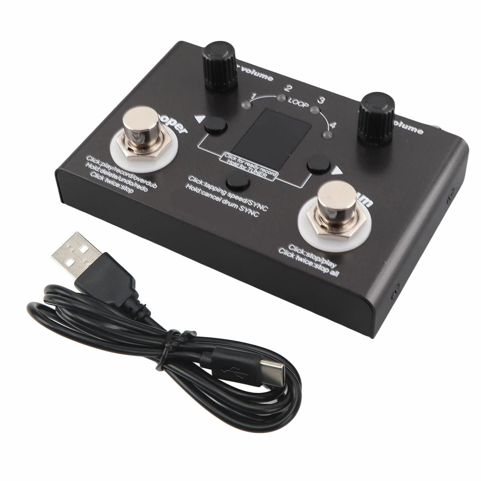 Drum Looper Pedal Professional Metal 4 Ubicaciones de Almacenamiento 11 Minutos Tiempo de Grabación con Sintonizador Incorporado para Guitarristas y Músicos Negros