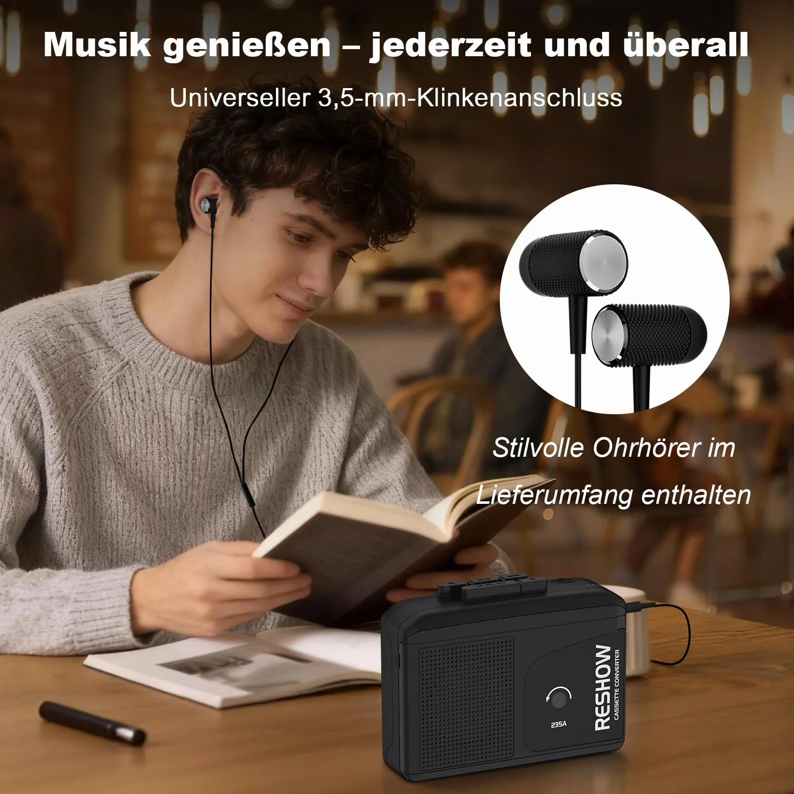 Reshow Grabadora de Casete Portátil Convertidor USB a MP3 con Micrófono y Altavoz, Auriculares Incluidos Negro