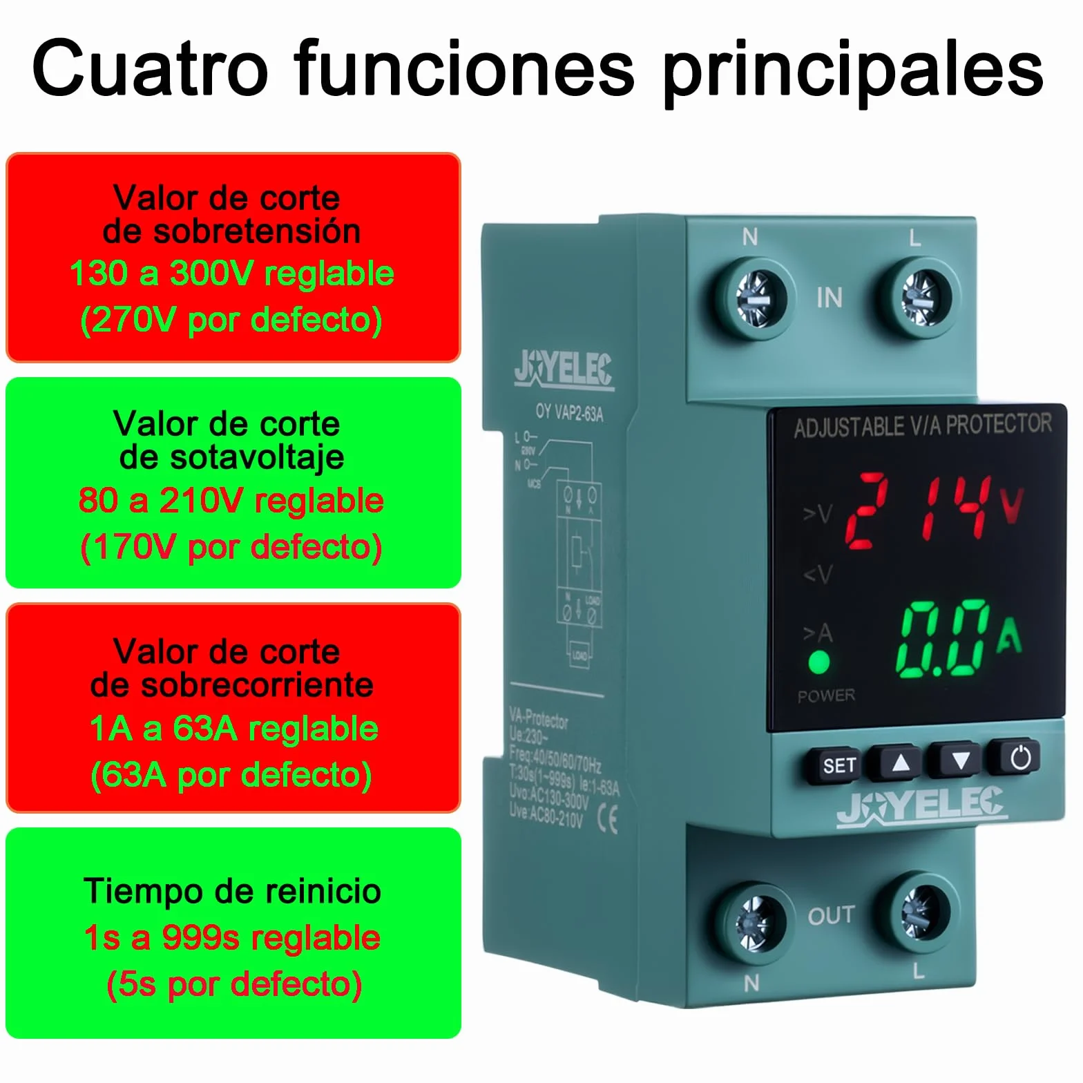 Protector Sobretensiones, Dispositivo Ajustable Subtensión Estabilizador Voltaje AC230V 63A 2P, Restablecimiento Automático, Protección Sobrecorriente,con Luz LED y Pantalla Voltaje