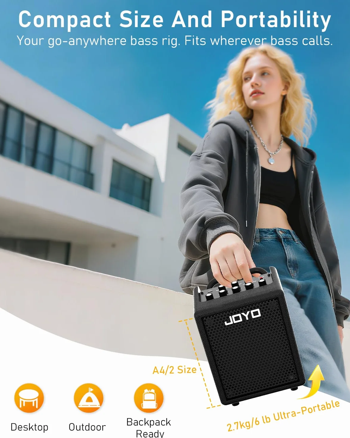 Joyo - Amplificador Combinado de bajo 30 W portátil – Altavoz de 4 Pulgadas, EQ 3 Bandas y compresor | Bluetooth 5.1 + grabación OTG, Salida de Auriculares para práctica Solo (Vibe Cube BA-30, Negro)