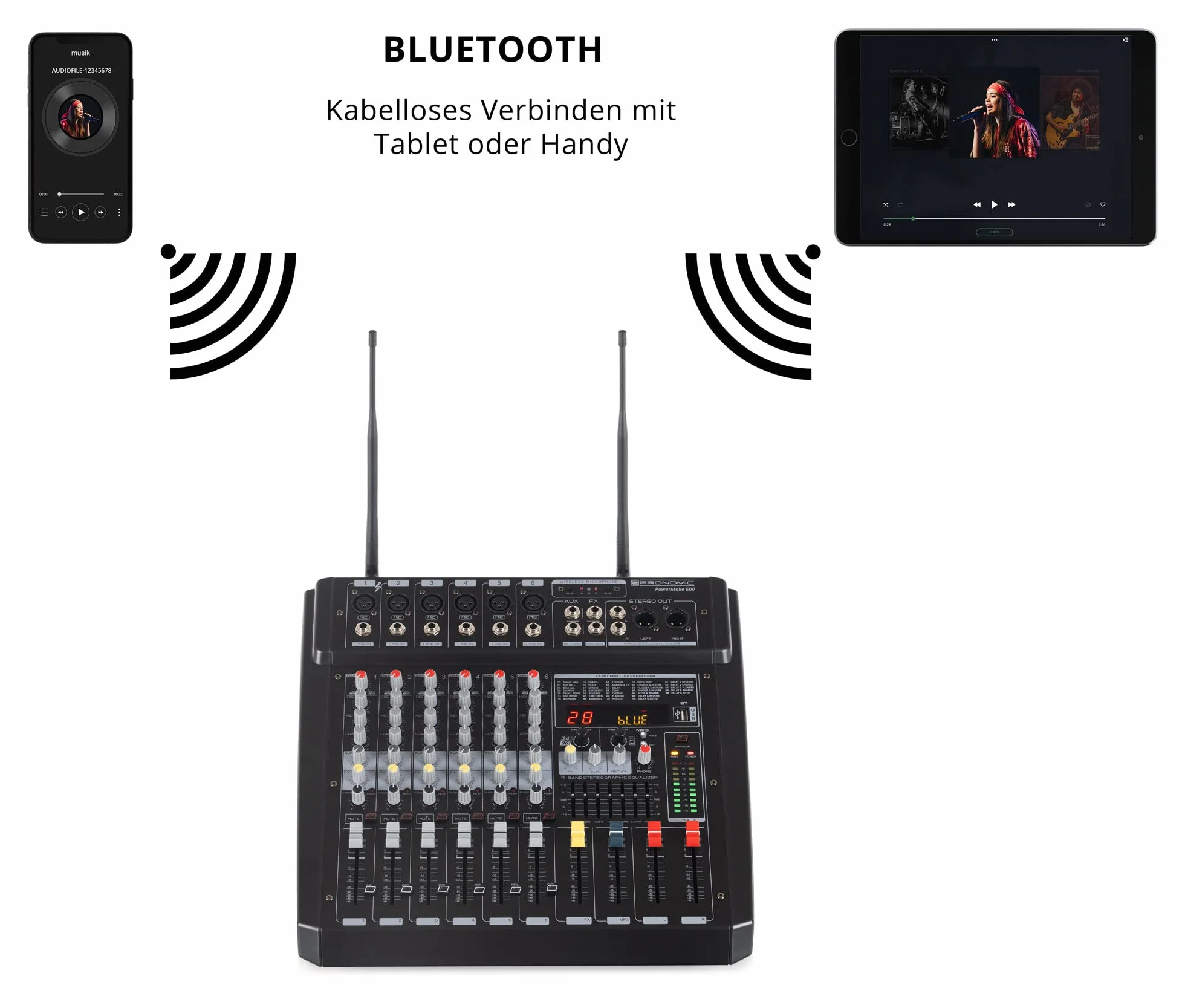 Pronomic Powermake 600 Mezclador 6 Canales con 2 Micrófonos UHF, 760W RMS, Procesador Multi-Efectos 24Bit, Reproductor/Grabador Bluetooth®/USB, Ecualizador Gráfico, Negro.