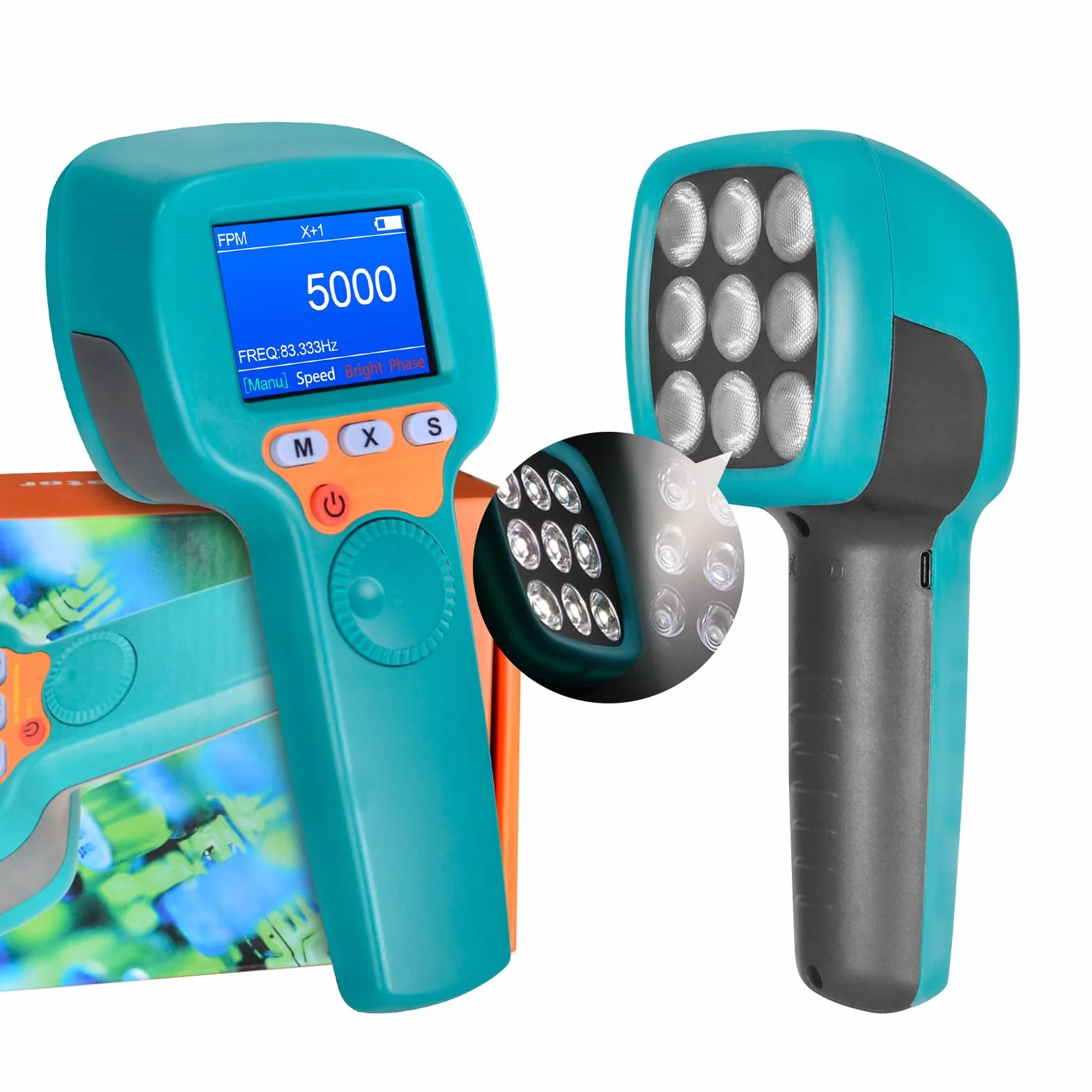 Estroboscopio Digital de Mano 60-99999 FPM, Estroboscopio LED sin Contacto YF-DT100B, Tacómetro Estroboscópico de 1500 lux con Pantalla LCD a todo Color, Velocímetro Estroboscópico 2200 mAh