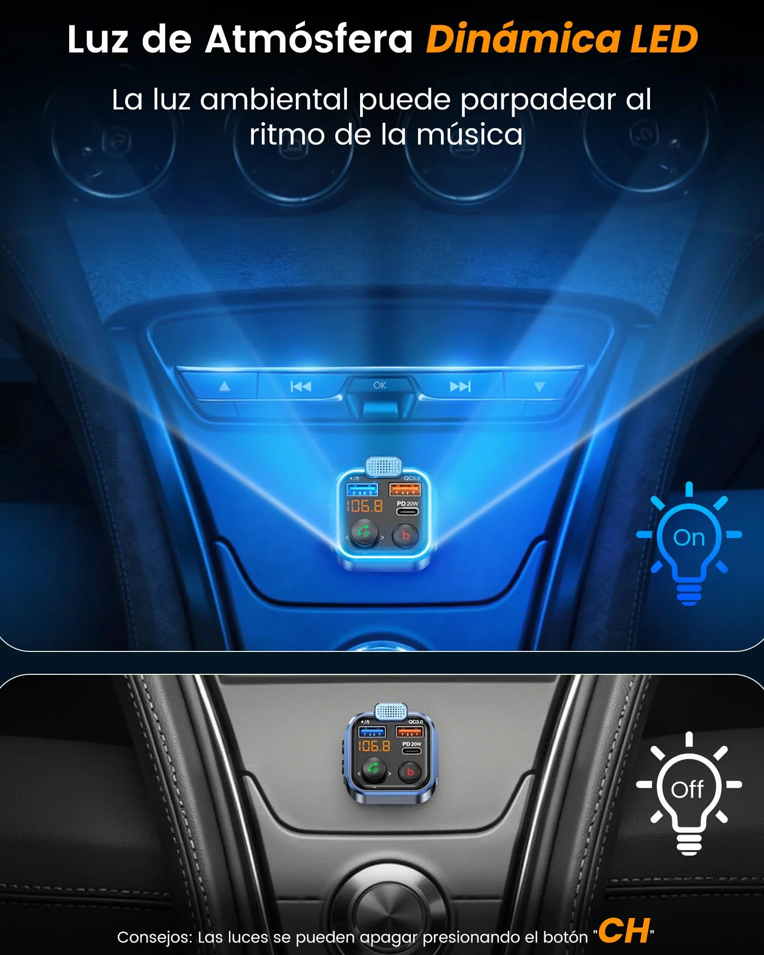 LENCENT Transmisor FM Bluetooth 5.3 Manos Libres Adaptador Radio Coche Carga Rápida 20W USB Tipo C