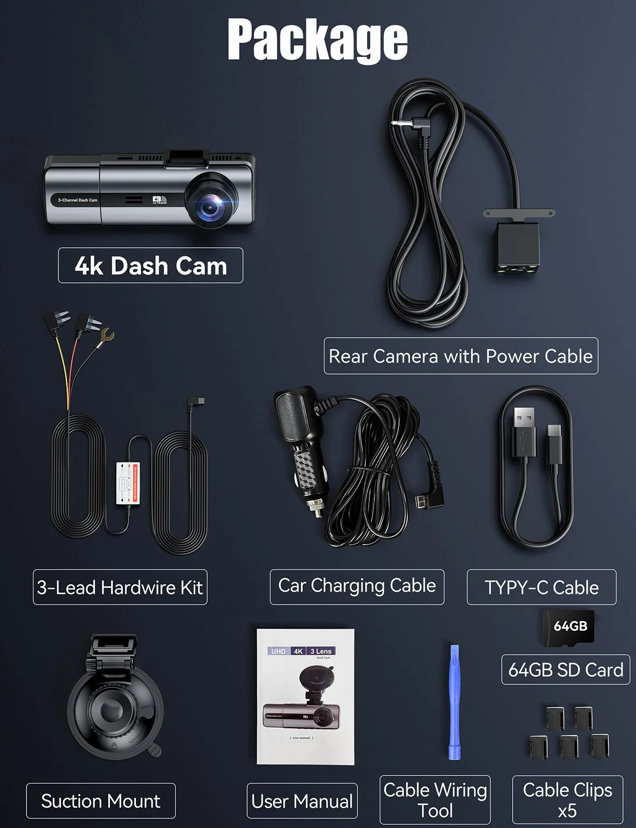 3 Canales Dash CAM Coche, 4K+1080P Camara Coche con WiFi & App Controlcon, Tarjeta 64G, Super Visión Nocturna, Gran 170°, WDR, Grabación de Bucle, G-Sensores, Monitor de Aparcamiento (Negro)