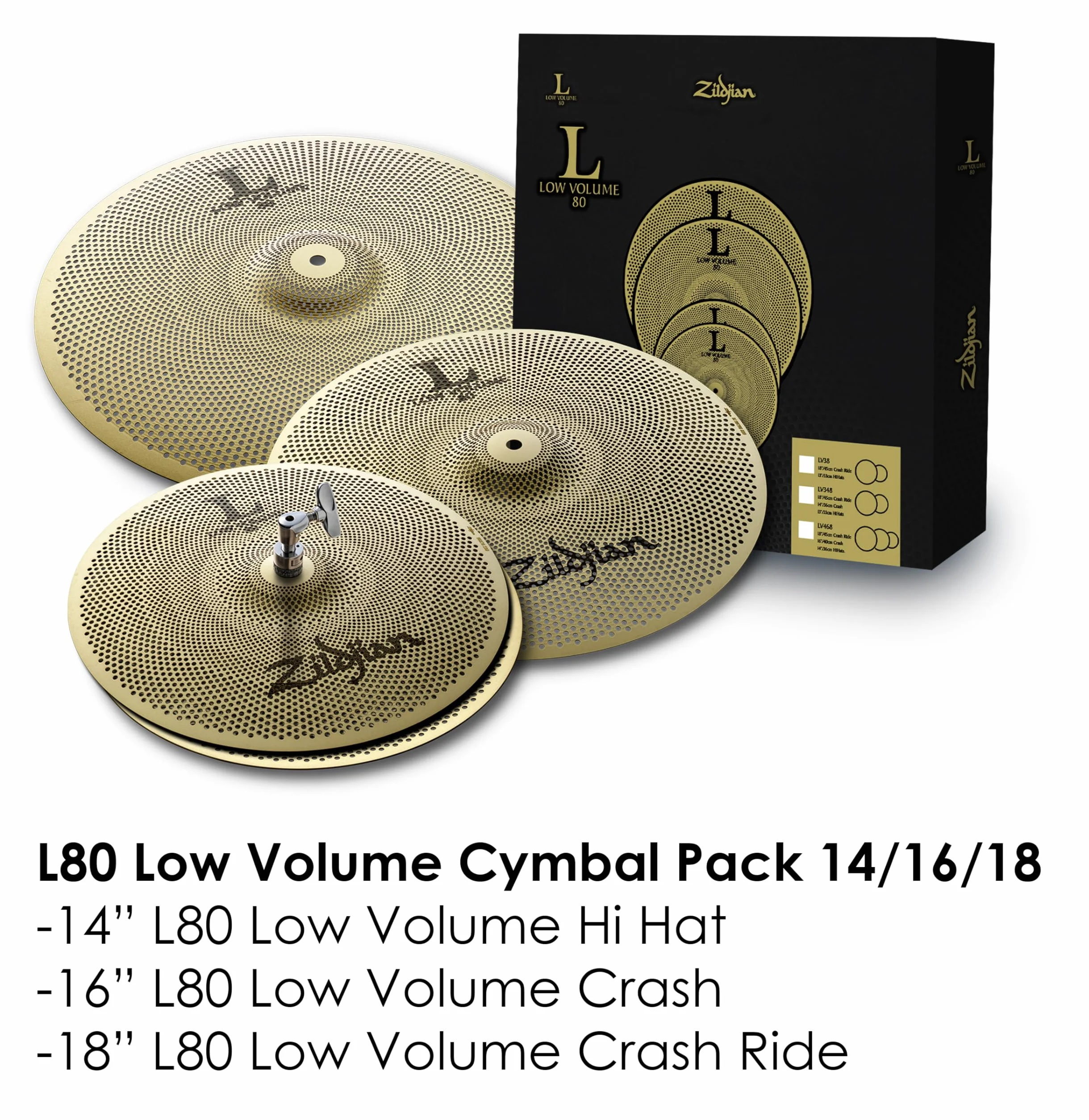 Zildjian LV468 L80 - Series Low Volume 3 Cymbal Box Set, 14" Hi-Hats, 16" Crash, 18" Crash/Ride