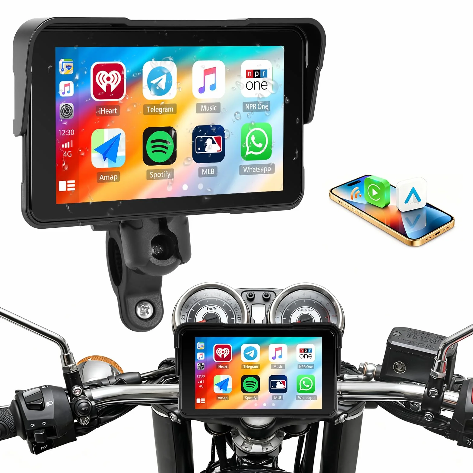 CAMECHO navegador Moto con Wireless CarPlay/Android Auto, Pantalla carplay Moto 5" HD IP68 Impermeable para Motocicletas con Car Play/Bluetooth/detección de presión