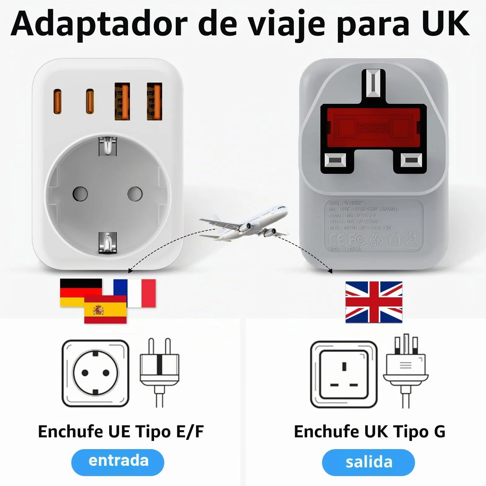 5 en 1 Adaptador Enchufe UK, Adaptador de Viaje Español a UK,con 2 USB C y 2 USB A,Enchufe Tipo G para Ingles Irlanda Maldivas Dubai Gran Bretaña Singapur Hong Kong