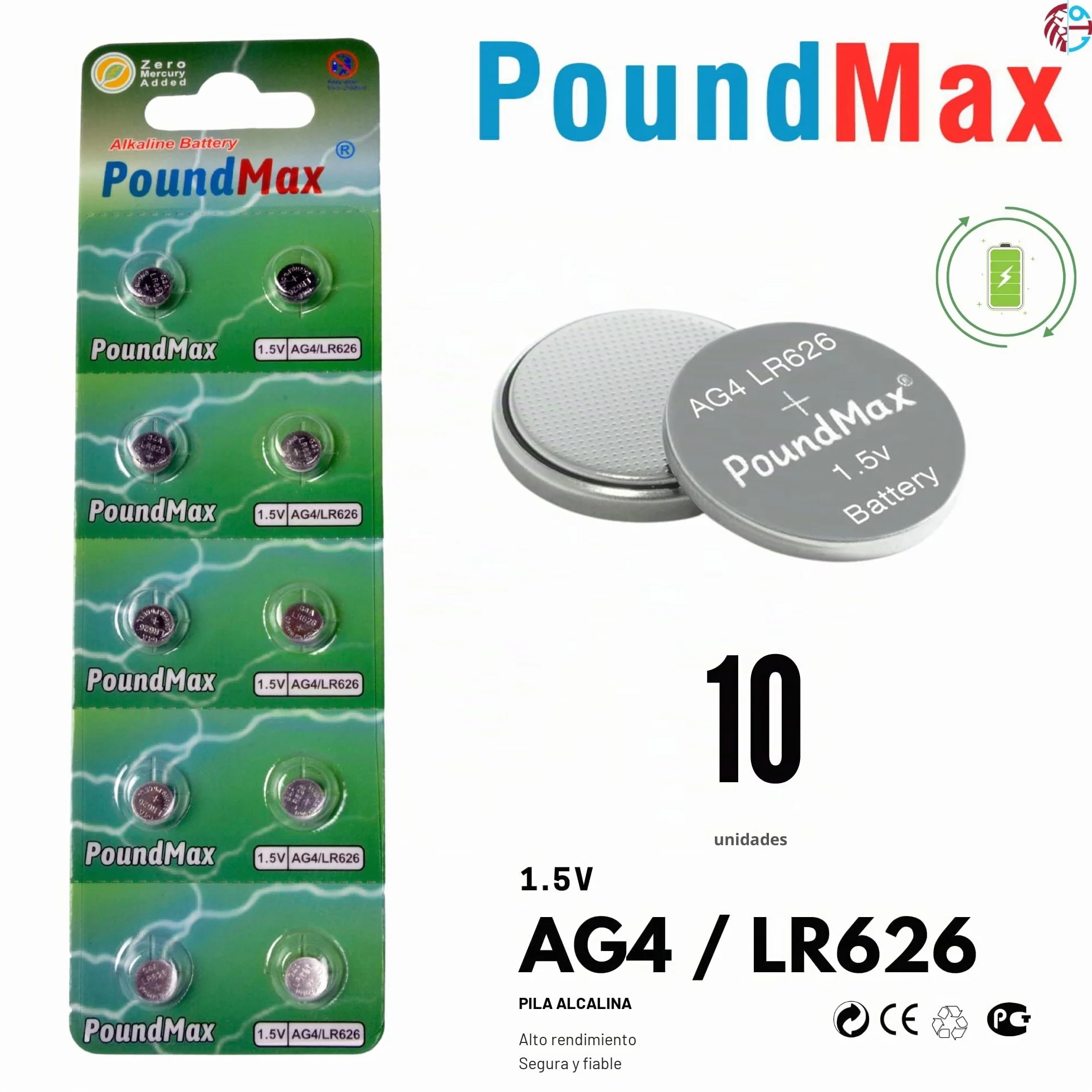 10 Pilas alcalinas AG4 376/377 LR66 SR626 SR626SW 1.5 V PoundMax