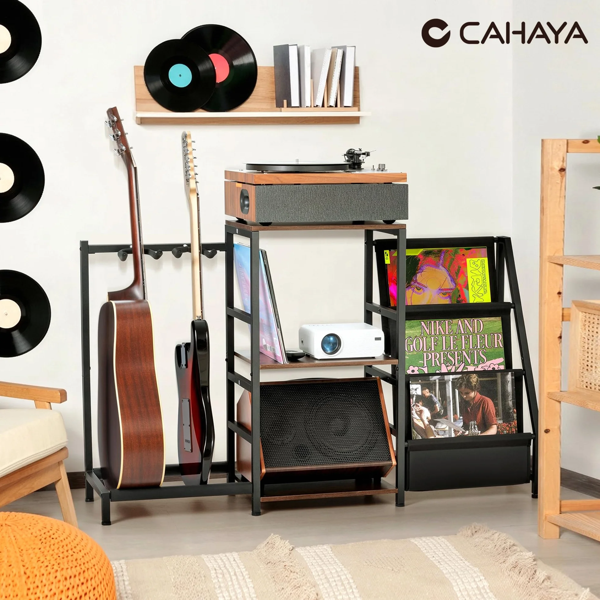 CAHAYA Soporte 4 en 1 para Guitarra Discos – Estantería para 200 LPs con soporte para 2 guitarras – Almacenamiento para Tocadiscos, Guitarra Acústica, Eléctrica Bajo