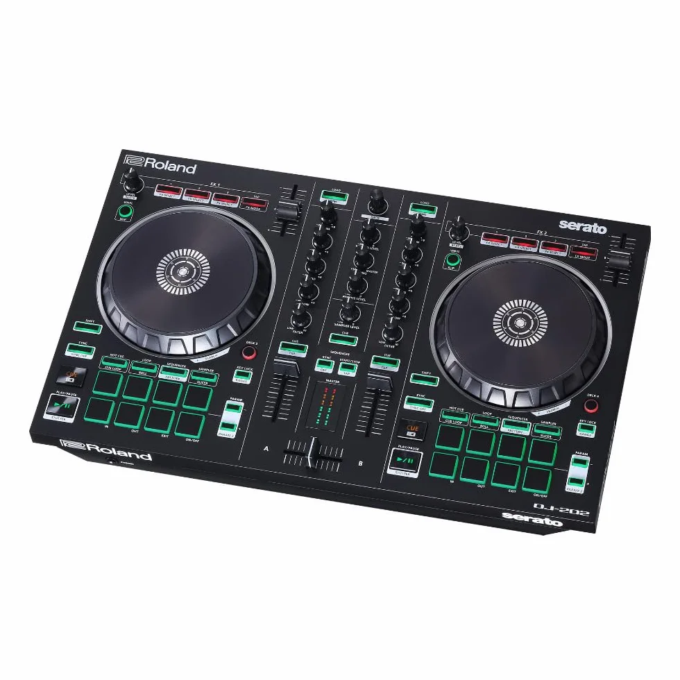 Roland DJ-202 Controlador de DJ compacto | Controlador de 4 decks y 2 canales para Serato DJ Lite | Platos grandes y de baja latencia | Míticos sonidos de baterías Roland | Compatible con Spotify
