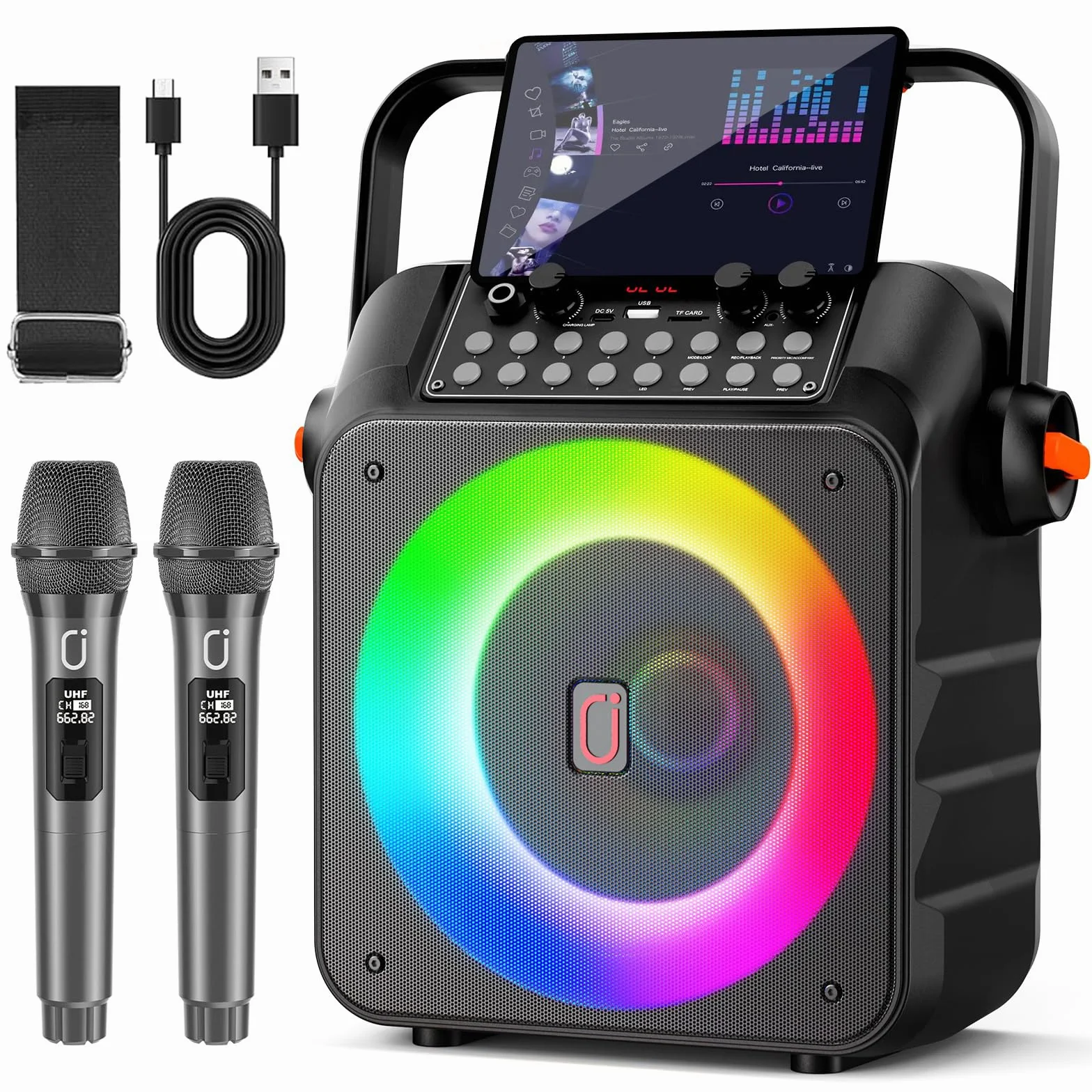 HWWR Karaoke Profesional Inalámbricos, Máquina de Karaoke Portátil con Micrófonos Inalámbricos para Adultos y Niños, Luces LED,USB/TF/AUX/Rec, Karaoke Compatible con Android/iPad/TV/PC