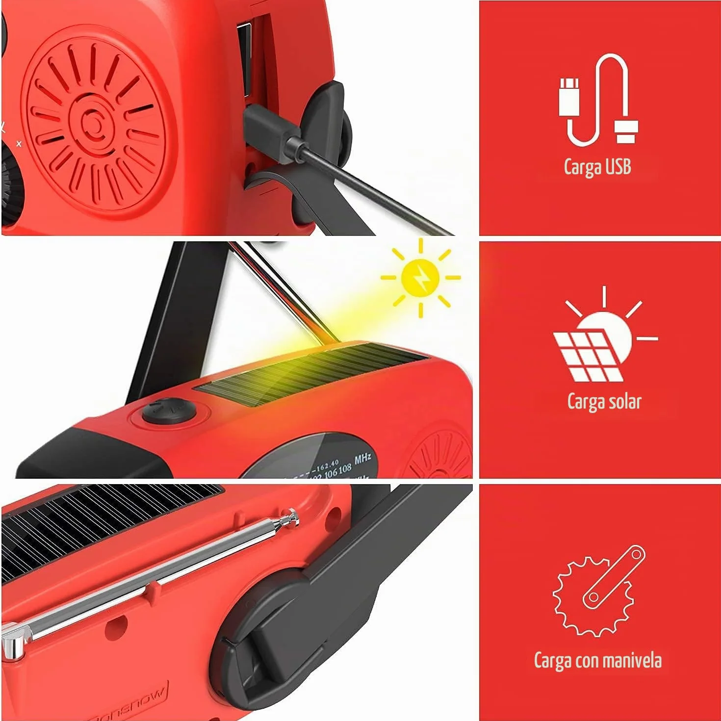 iRonsnow Radio de Emergencia, Radio Solar Portátil FM/Am/WB Manivela de la Mano Radio con 2000mAh Banco de Energía como Power Bank LED Linterna para Actividades Al Aire Libre y Emergencias
