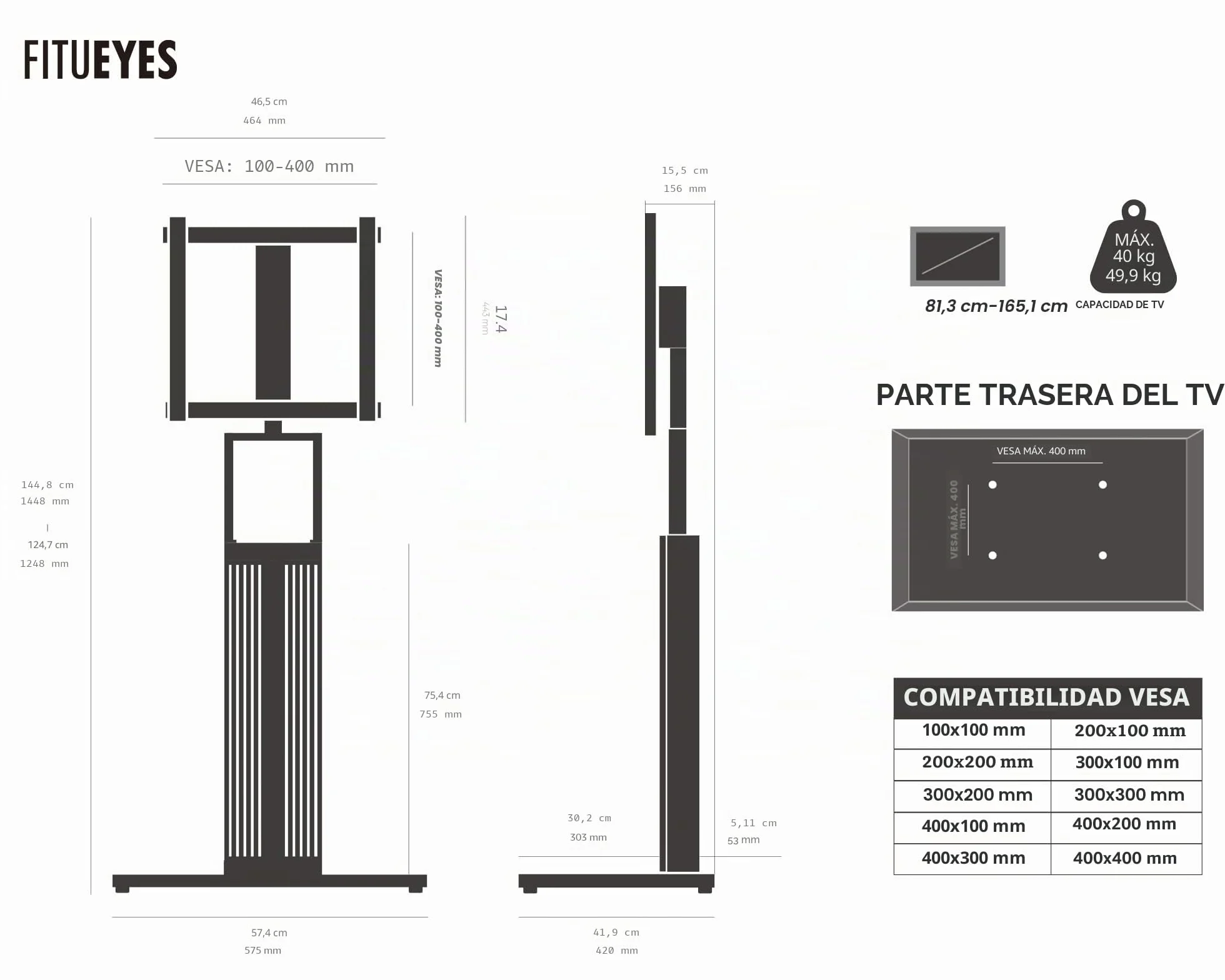 FITUEYES Soporte TV Pie de 32-65 Pulgadas Soporte TV Suelo de Madera de Haya Pie Altura Ajustable y Giro