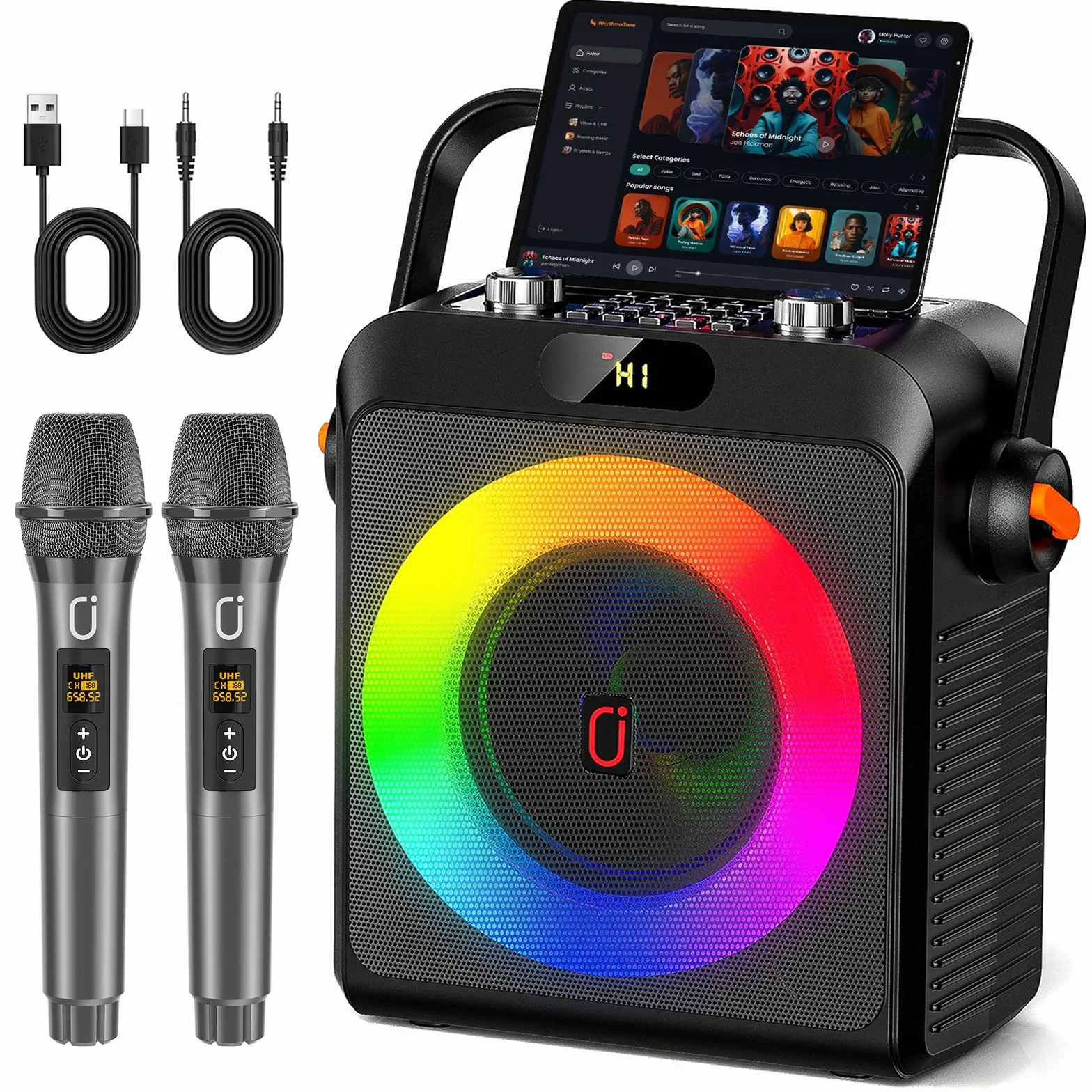 JYX Karaoke con 2 micrófonos, Altavoz Karaoke Bluetooth y Luces de DJ para Adultos y niños, PA Sistema con micrófono Karaoke Profesional portátil para Fiestas en casa, al Aire Libre