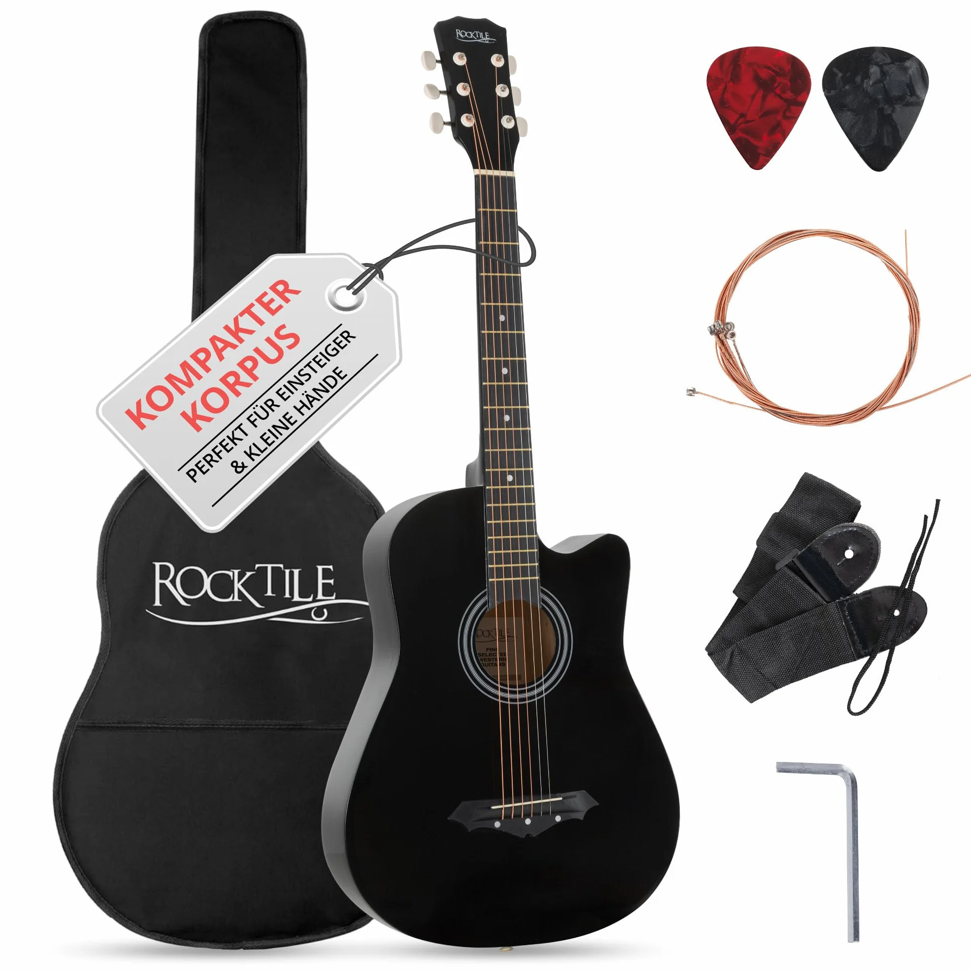 Rocktile WSD-5C-BK Slim Line Set De Guitarras Western - Guitarra Acústica Dreadnought - Cuerpo De Tilo - Mástil: Catalpa - Set Incluye Funda, Cuerdas De Repuesto, Correa Y Púas - Negro