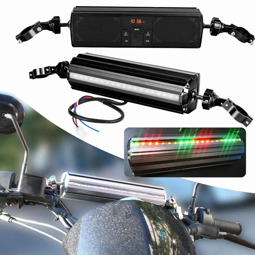 Qiilu Sistema de o de la Barra de la manija de modificación de la Motocicleta, reproducción de USB Sistema de Sonido Antideslizante a Prueba de Agua Altavoz estéreo de Moto(Negro)