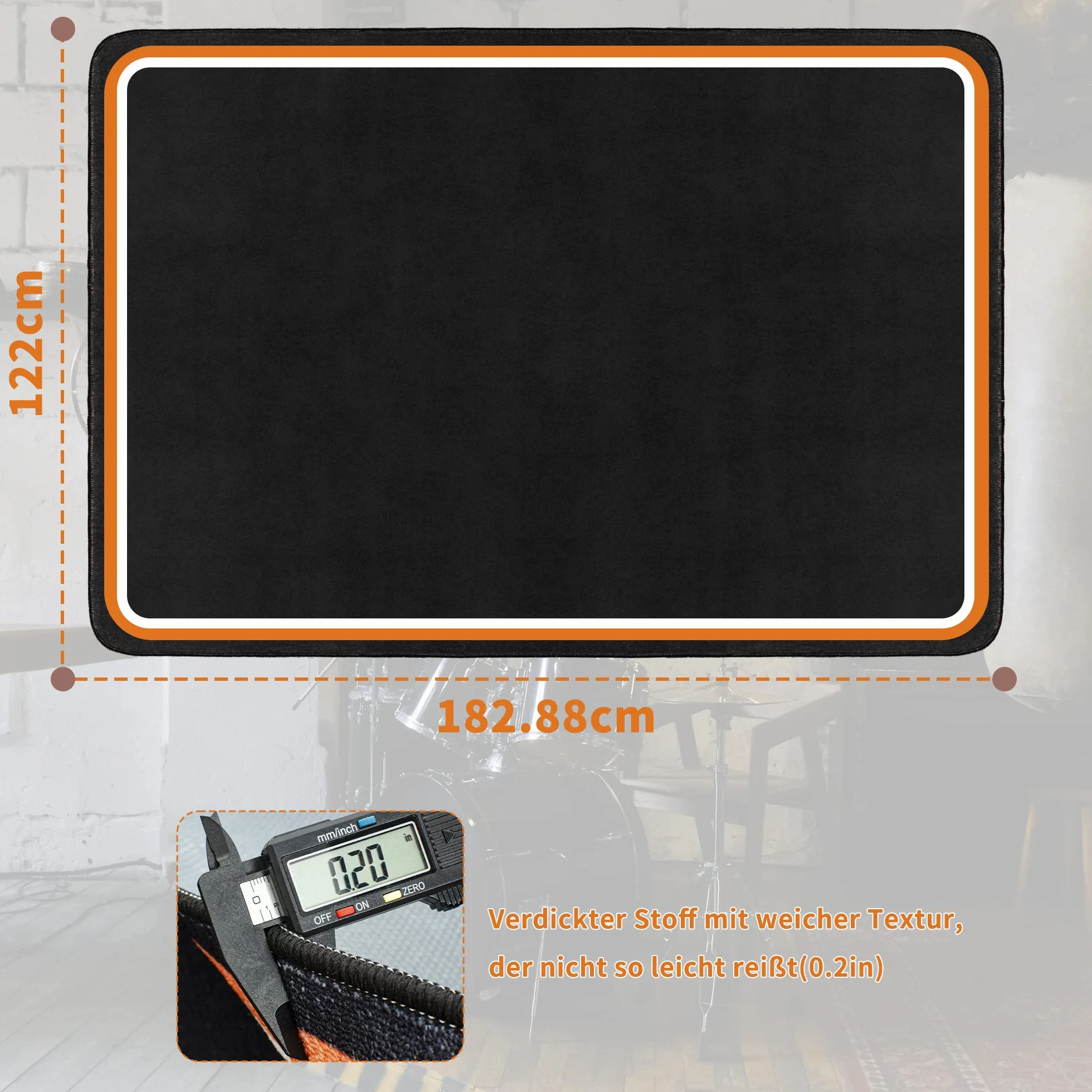 OUUTMEE 182x122cm Tambores Alfombra,Alfombra de batería eléctrica, Rectangular Profesional Negro+Borde Naranja