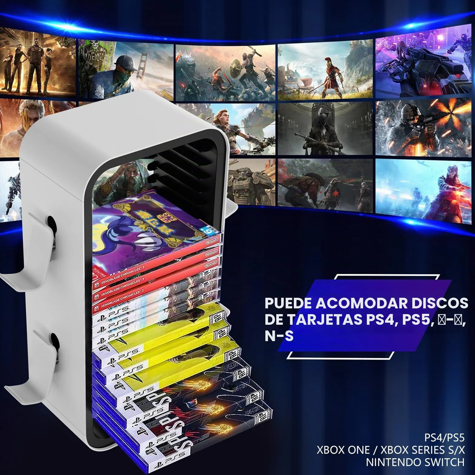 Soporte de almacenamiento para PS5 /PS4/Xbox/Nintendo Torre de almacenamiento vertical Soporte de juegos Almacena hasta 18 juegos Disco 4 Switch Controller