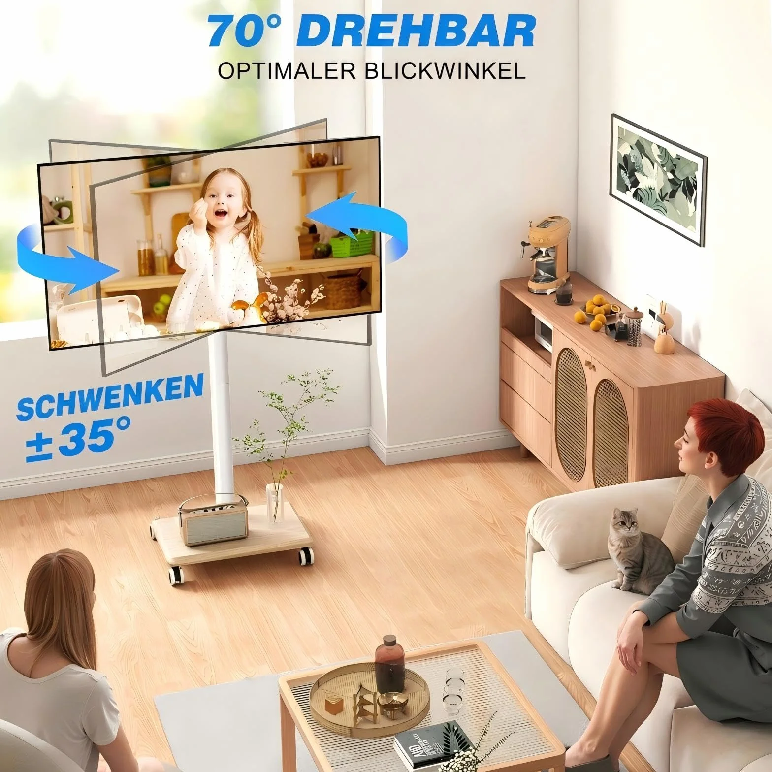 Soporte de TV con Ruedas para Televisores de 27-65 Pulgadas, Ajuste de Altura y Giro, Base de Madera, VESA 400x400mm, 40kg, Beige