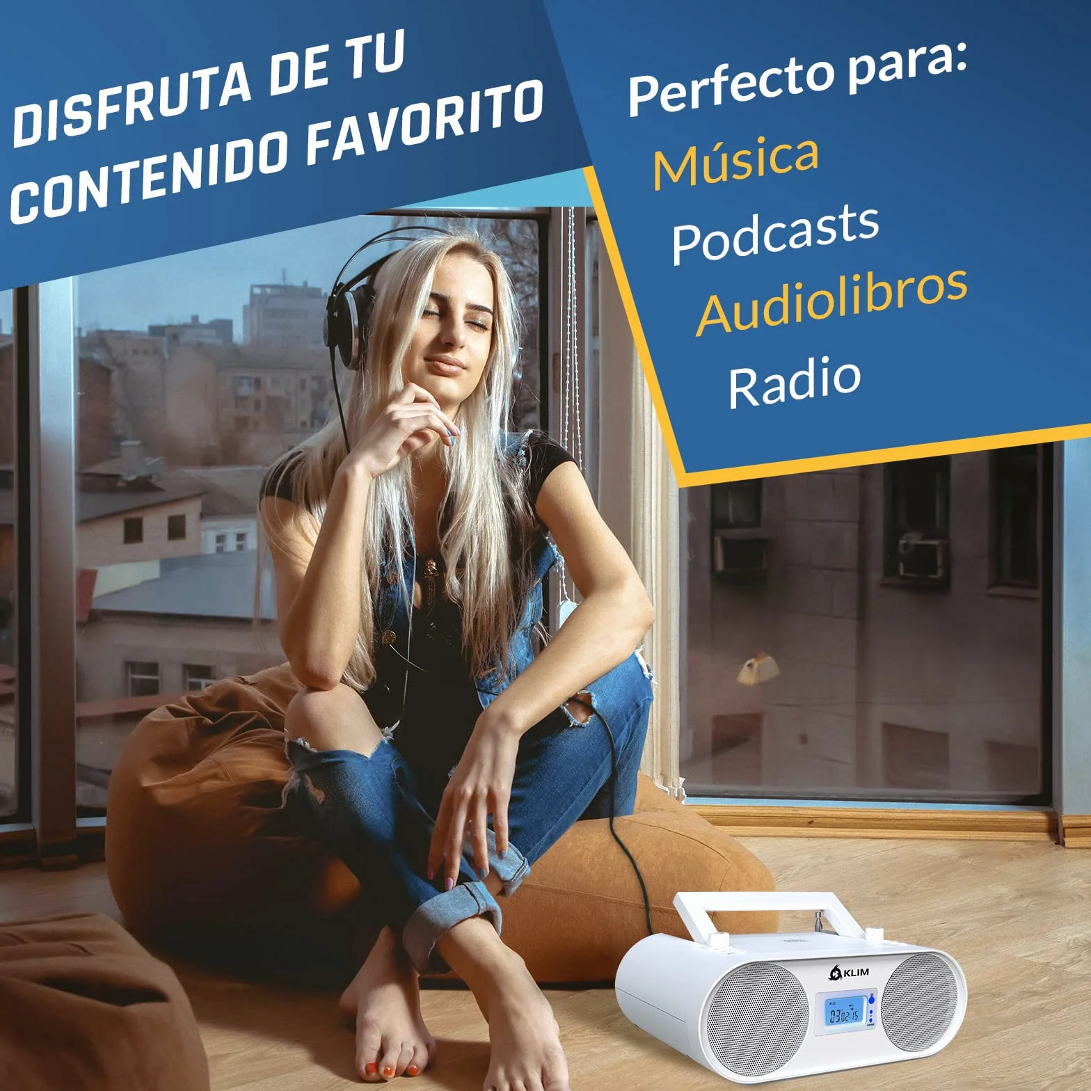 KLIM Boombox B4 Reproductor CD Portátil Radio FM Bluetooth MP3 AUX USB Batería Recargable Blanco