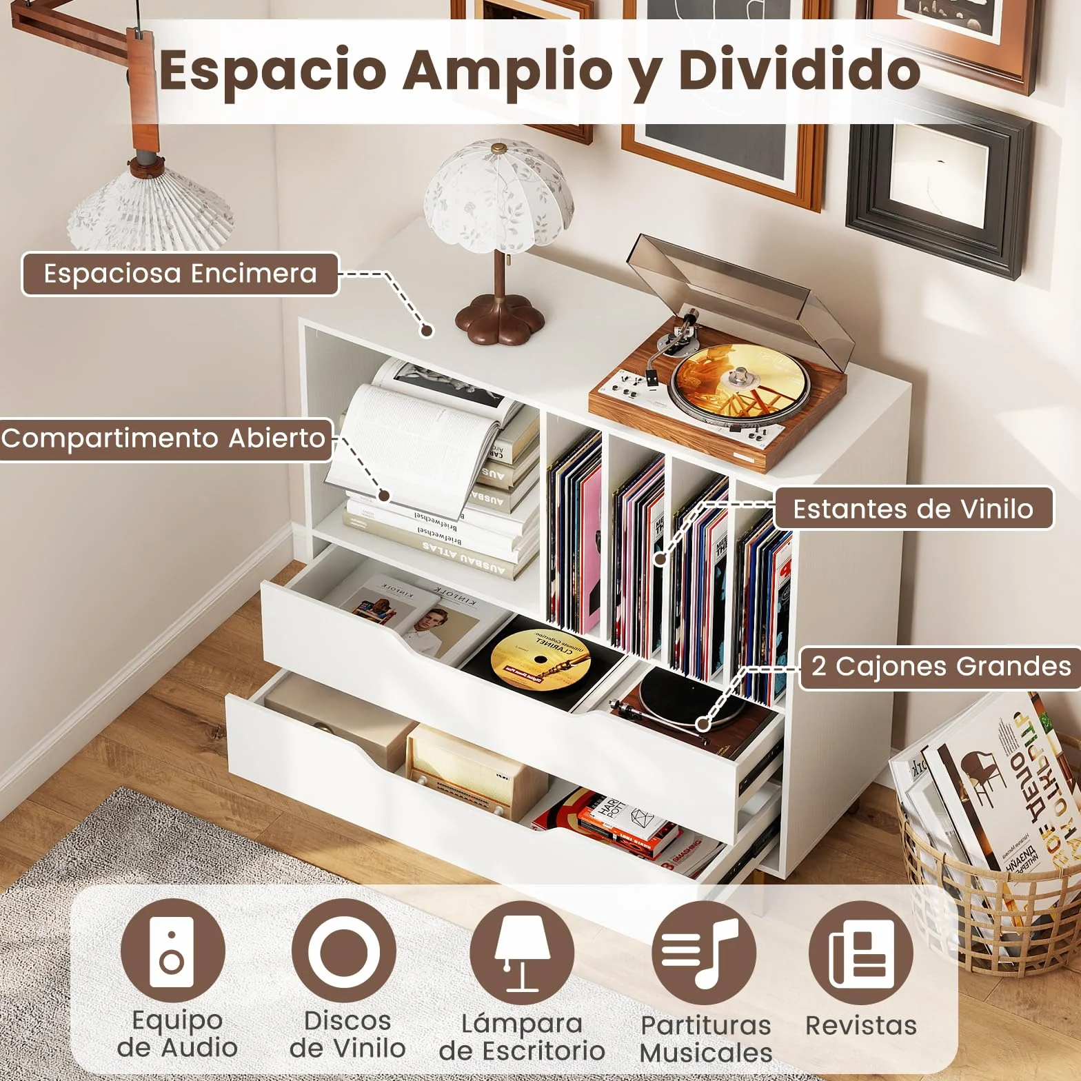 COSTWAY Mueble Tocadiscos, Soporte para Tocadiscos con Compartimento Abierto, 4 Estantes de Vinilos, 2 Cajones y Patas de Metal, Mesa Auxiliar de Discos Vinilos para Salón, 91 x 36 x 87 cm (Blanco)