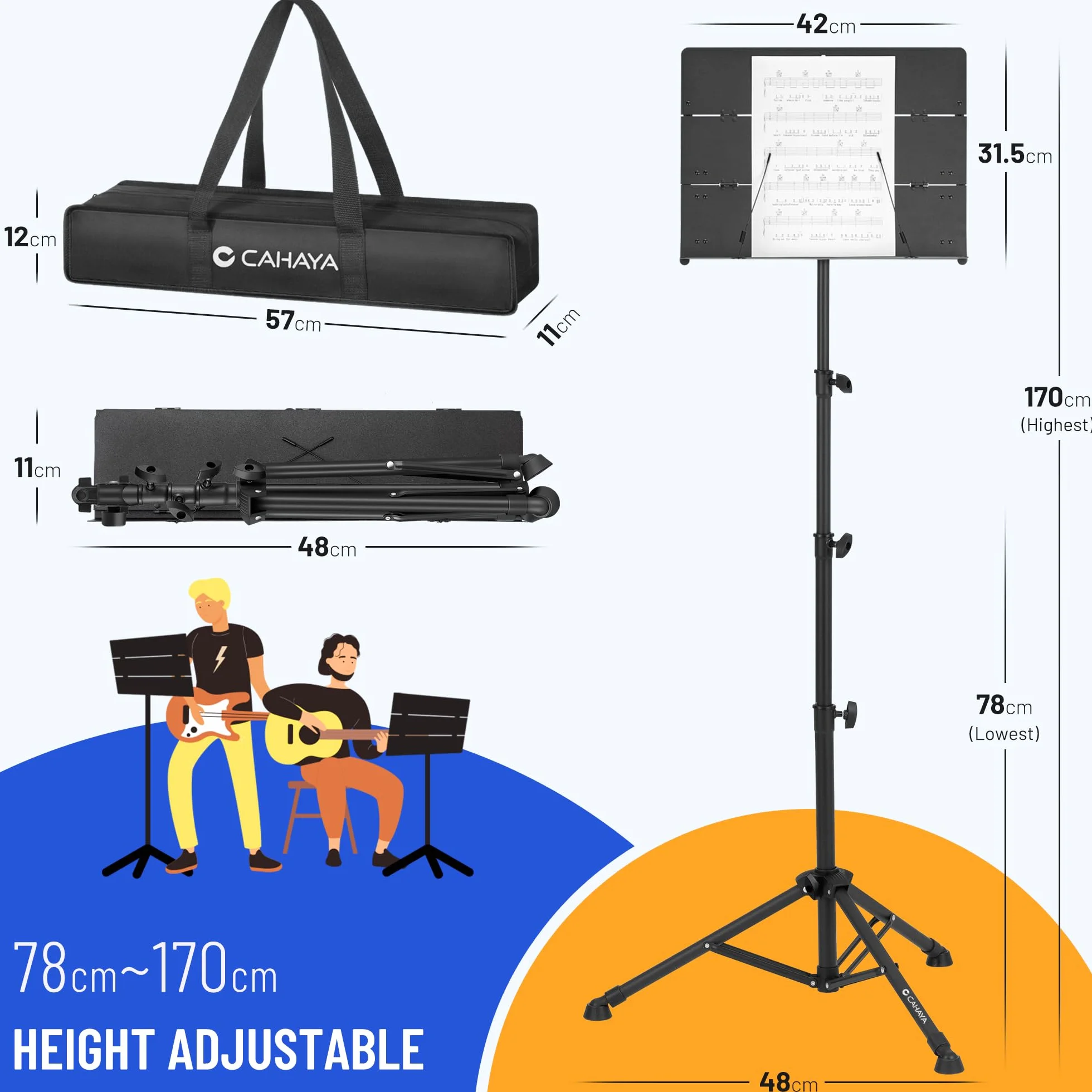 CAHAYA Atril Triple de Altura Plegable y Fácil de Guardar Atril de Metal, Altura Ajustable de 78 a 170 cm, Negro Mate CY000009-1