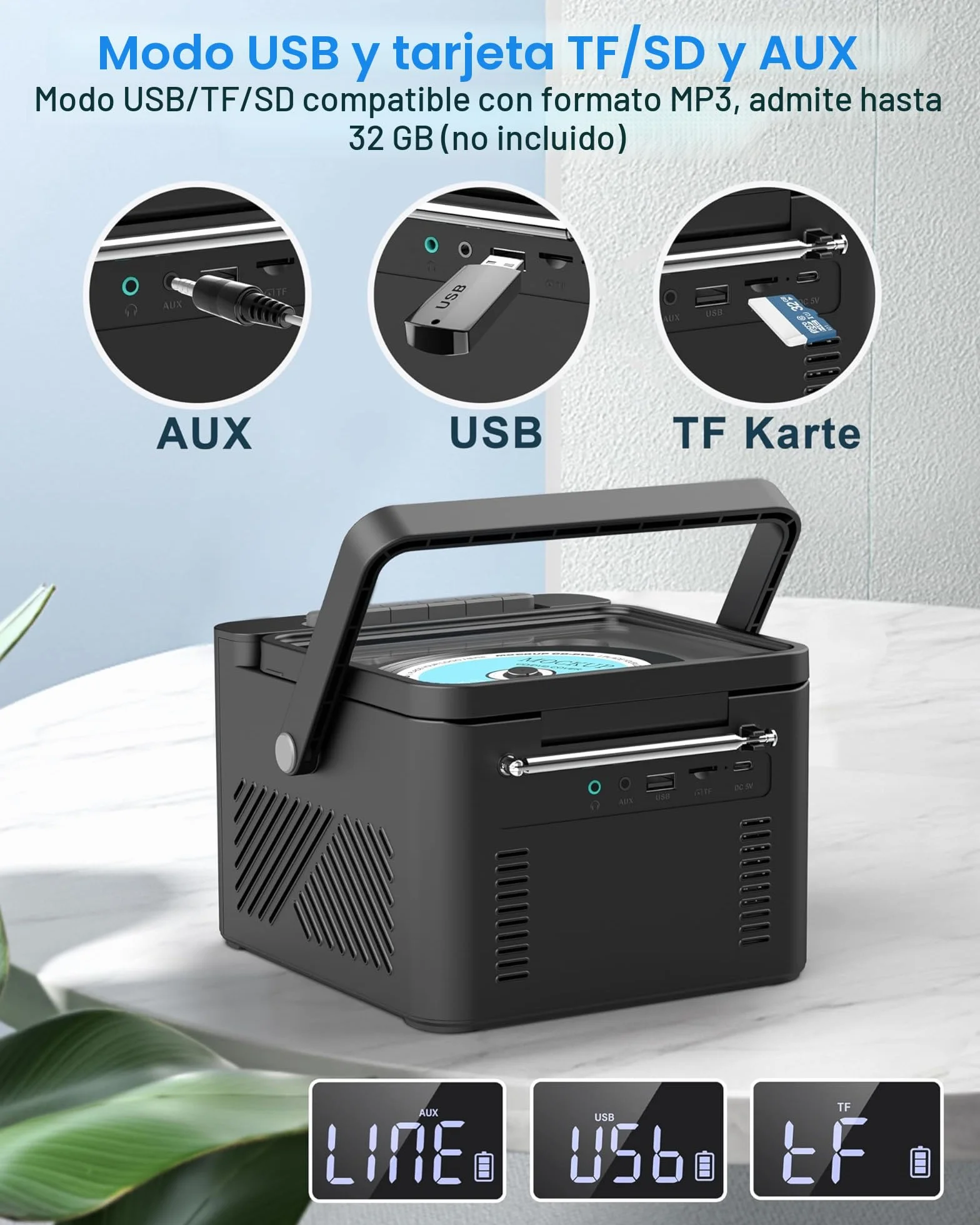 Greadio Reproductor de CD portátil Discman con protección antiskip, 4 Sonidos EQ, Tarjeta TF/Salida AUX, Compatible con CD-R, CD-RW y MP3