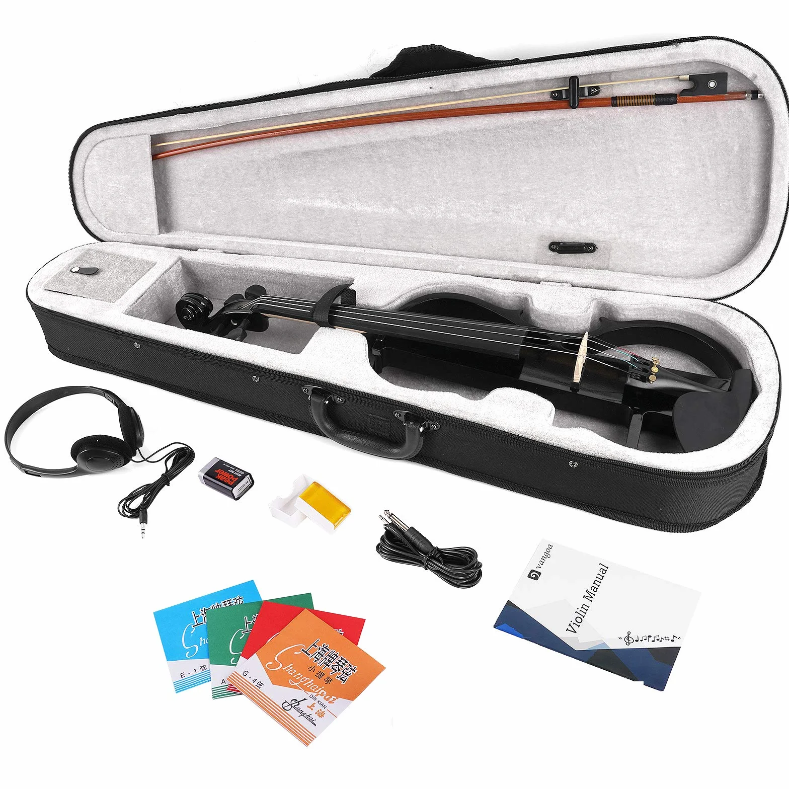 Vangoa Violín eléctrico de tamaño completo 4/4, violín eléctrico silencioso negro de madera maciza con accesorios de ébano, kit para principiantes para adultos y adolescentes