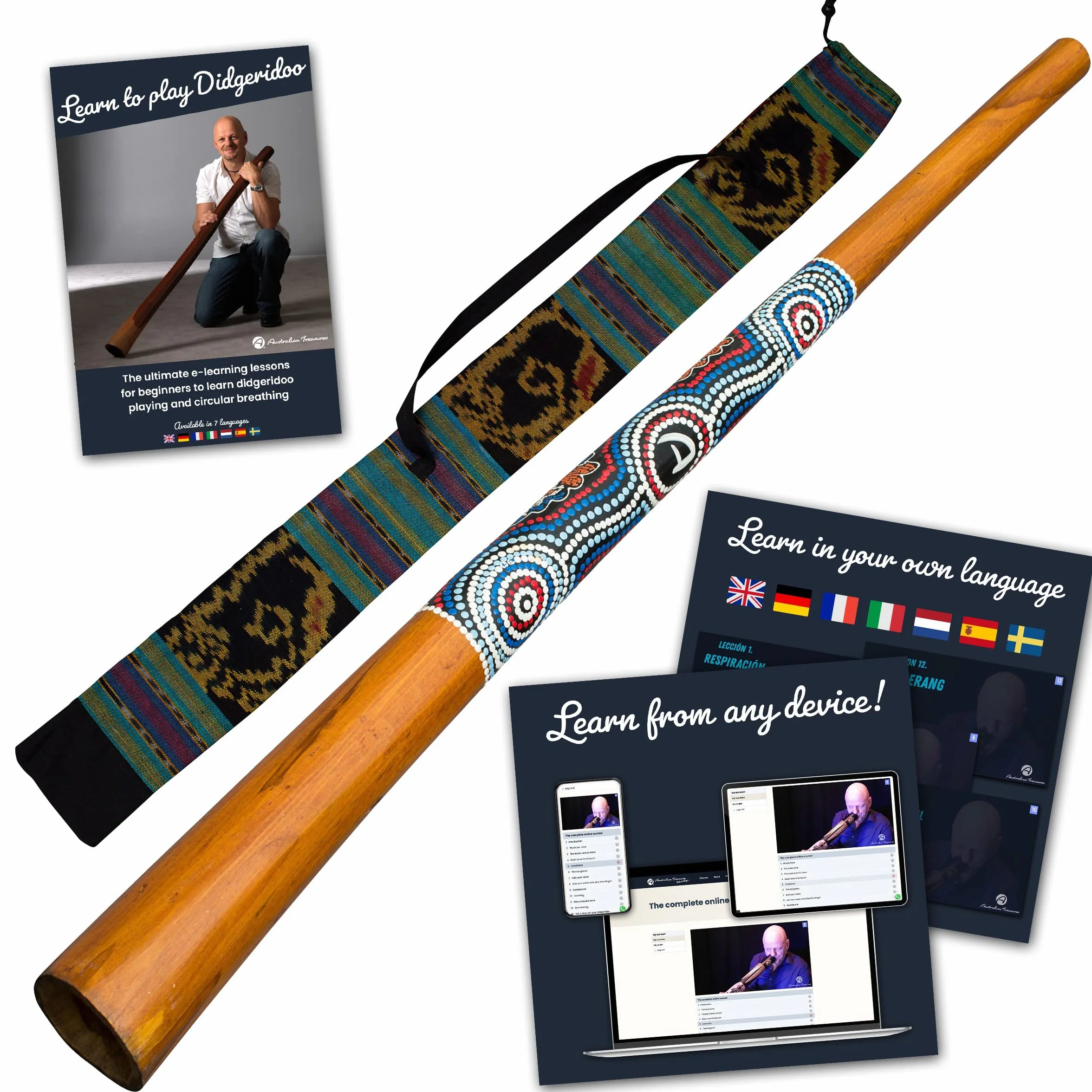 Didgeridoo de madera pintado a mano incluyendo curso online Didgeridoo y respiración circular
