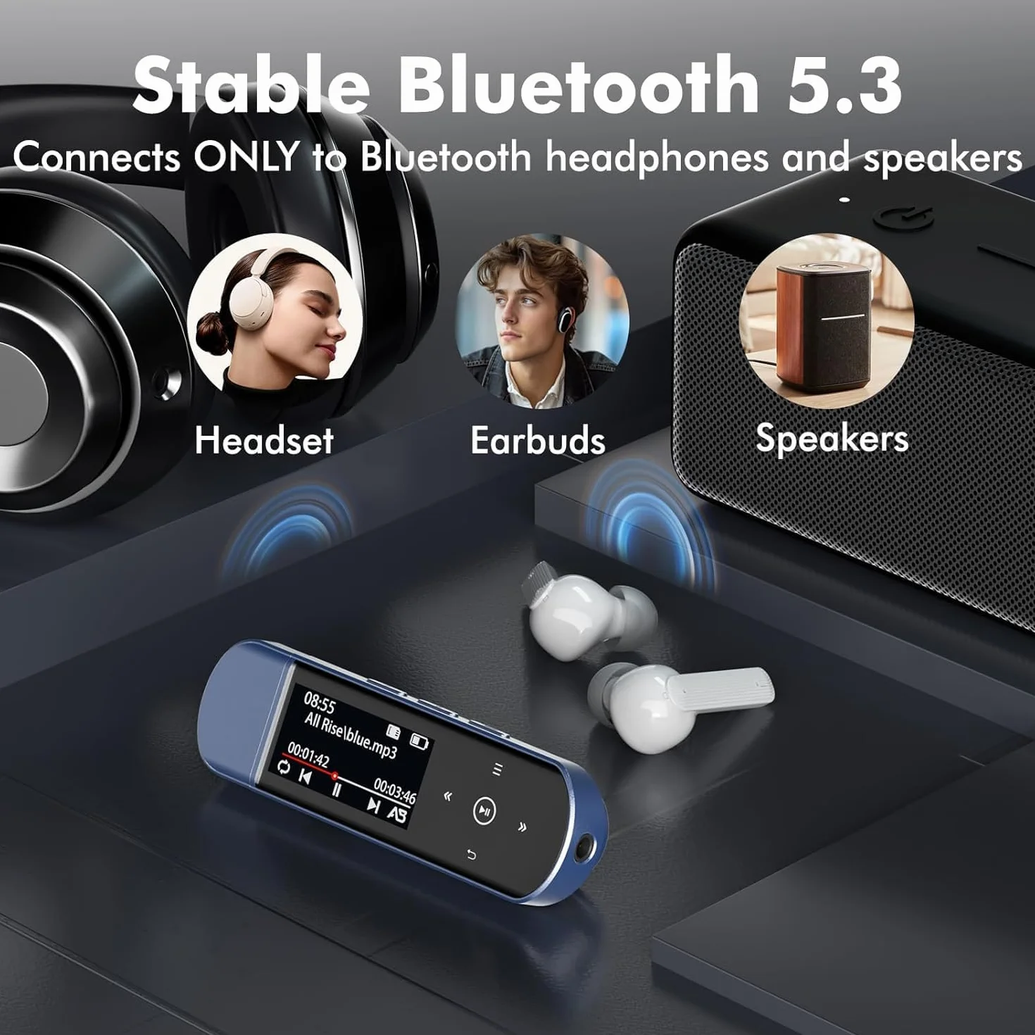 Reproductor MP3 Bluetooth 5.3 64GB Clip Deportivo Radio FM Grabadora Voz