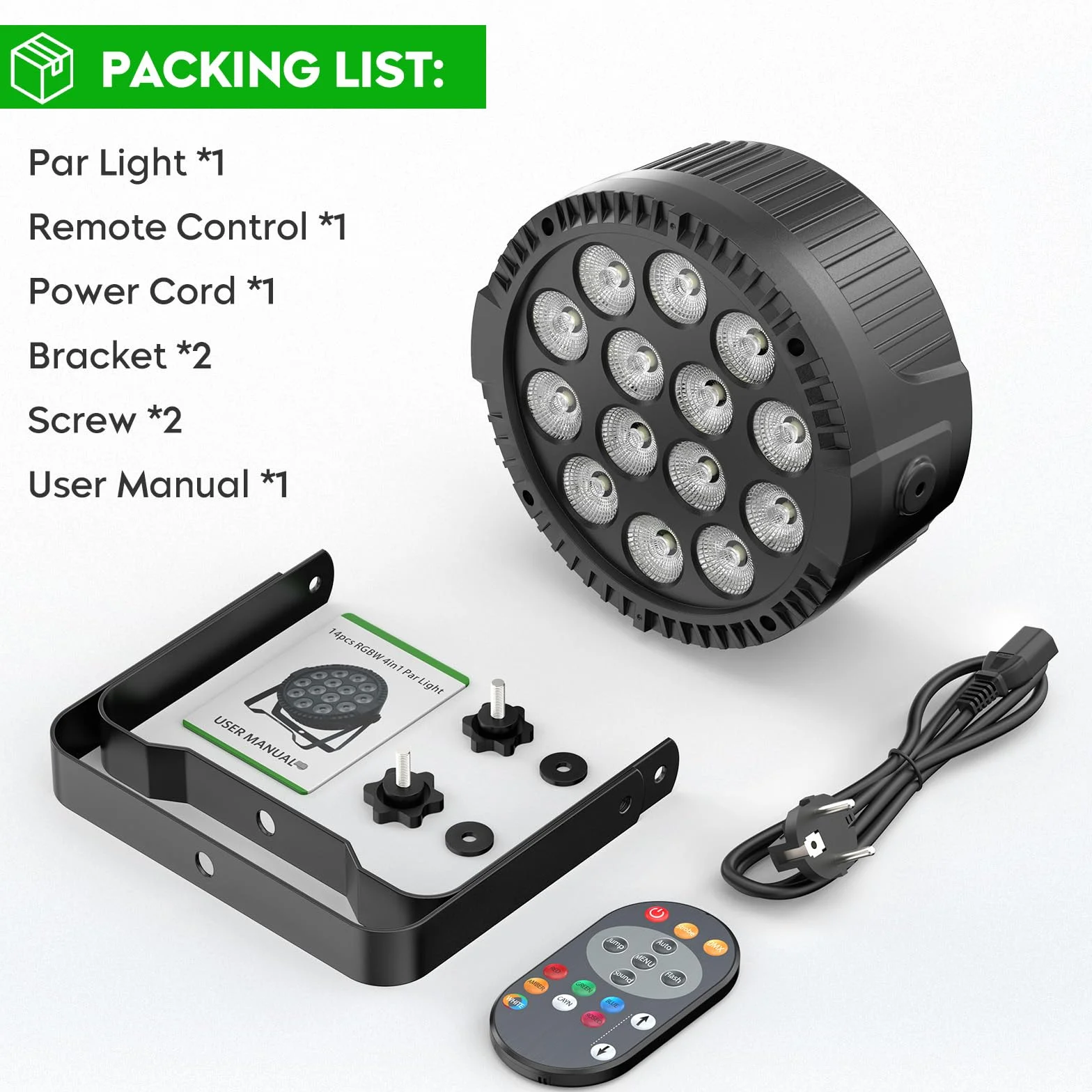 Juego de 4 focos LED par de 84 W con bolsa, 14 LED, luz de escenario, luz de fiesta, RGBW 4 en 1, DMX512, con mando a distancia, iluminación para escenario, DJ, fiesta, espectáculo, bar, Halloween,