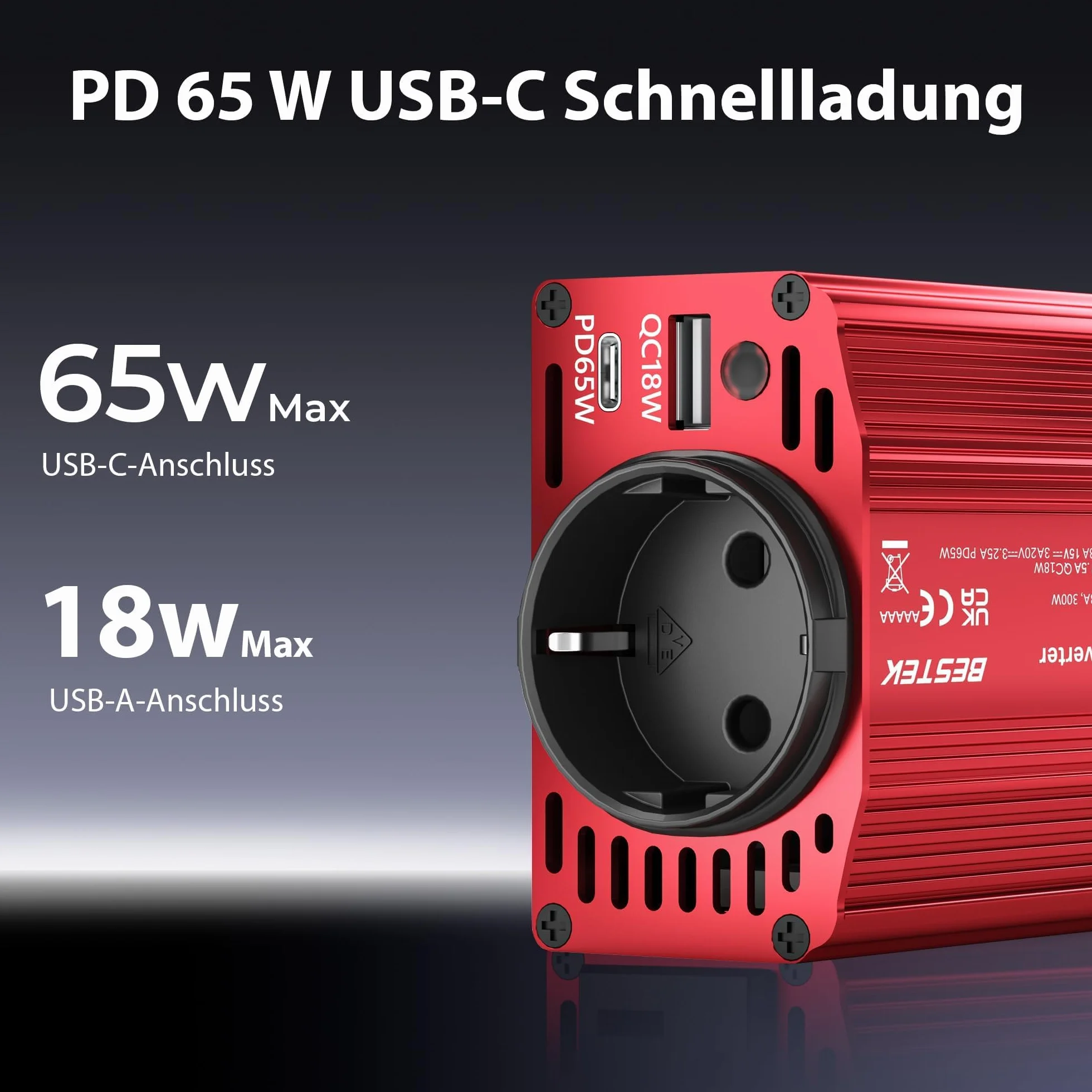BESTEK Inversor 12v 220v 300W,Transformador 12V a 220V Convertidor Onda con 2 AC Tomas Y 2 USB-C (65 W y 30 W) 2 USB-QC (18 W) sinusoidal con Protección para Barco,Caravana,Coche