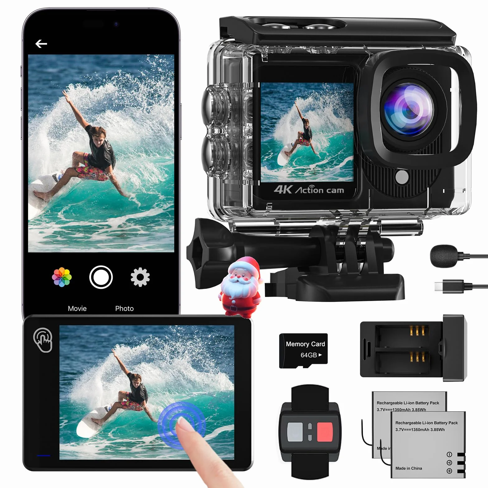 Cámara Deportiva 4K60FPS 48MP WiFi 64GB Acuática 40M Subacuática EIS 170° con Mando, Micrófono y 2 Baterías
