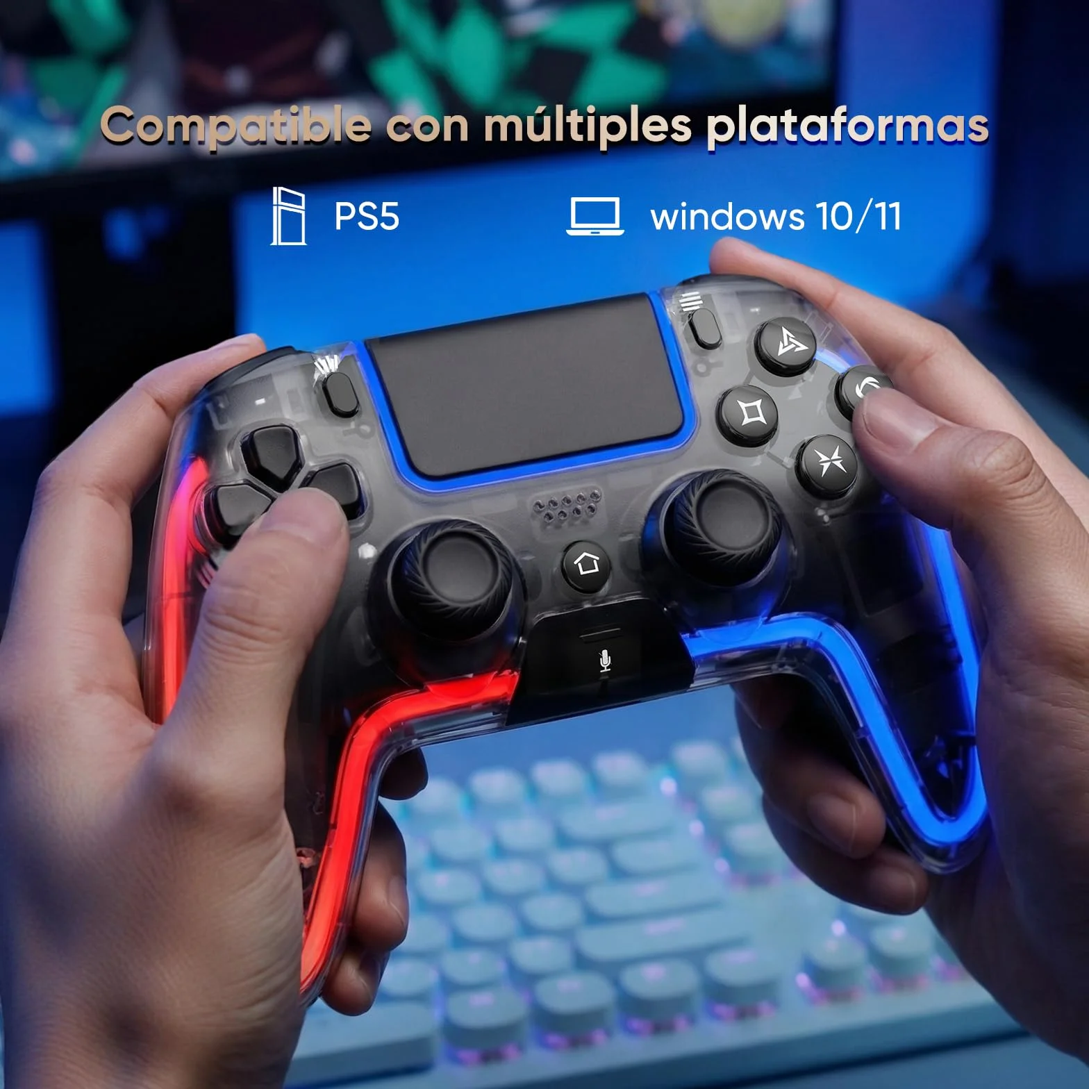 BETMI Mando inalámbrico compatible con PS5, con joystick de efecto Hall, doble vibración, macros, turbo, sensor de 6 ejes, luces RGB dinámicas y altavoz integrado (Transparent)