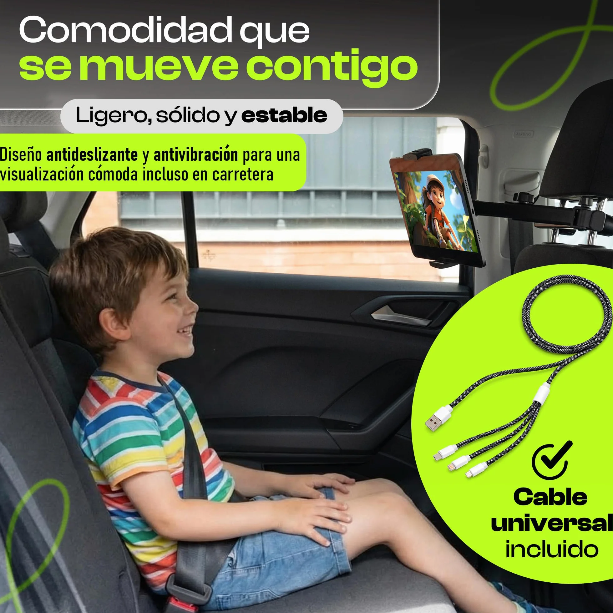 Soporte Tablet Coche Reposacabezas - Soporte iPad para Asiento Trasero - Cable 1,2 m Incluido – Brazo Extensible Antivibración 360º – Compatible 4,7″–13″ (Tablet, iPad, Movil)