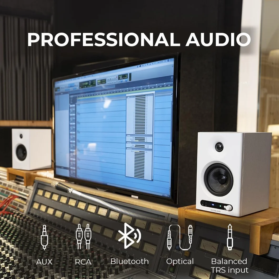 VULKKANO PRO4 Monitores de Estudio con Woofer de 4”, Bluetooth, Entrada Balanceada TRS, RCA, Salida para Cascos, AUX, Optica, ajustes de EQ, Altavoces Monitor para PC