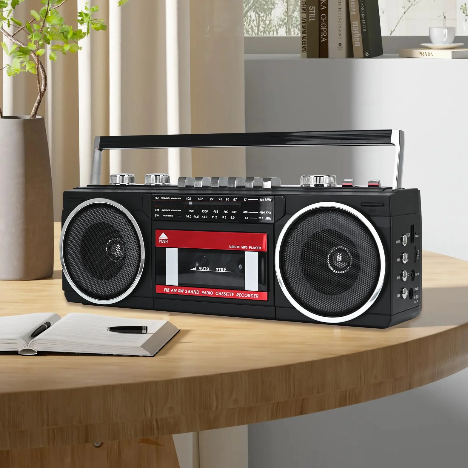 Reproductor de Casete portátil Boombox, Radio estéreo Am/FM/SW, Reproductor de Casete, grabadora de MP3, Bluetooth, USB, Luces RGB, Tarjeta TF (Rojo)