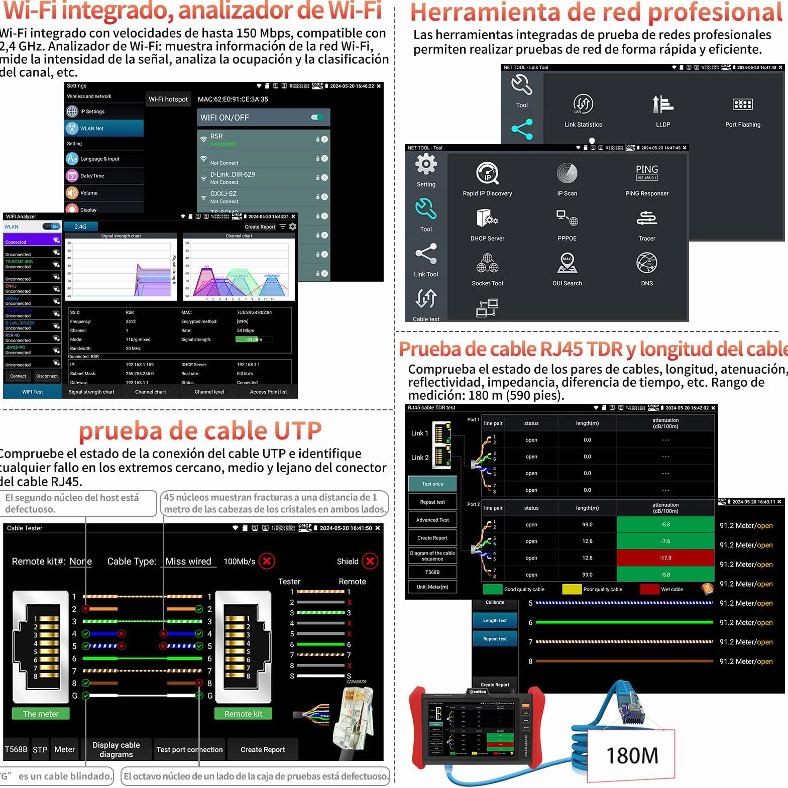 Monitor Probador de CCTV 4K 12MP - Tester Cámaras IP con PoE++ Máx 90W - Probador Cámaras 8MP TVI/CVI/AHD/CVBS Coaxial, Módulo SFP 1CH, WiFi, Herramientas Red, Tester de Cables, HD/VGA, Detección PoE