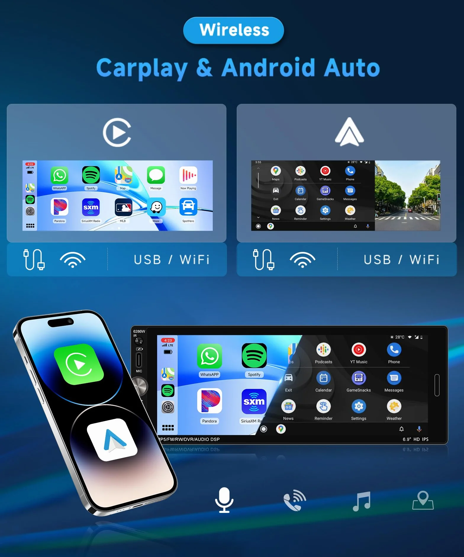Rimoody Wireless Carplay Radio de Coche 1 DIN con 6.9 Pulgadas IPS Pantalla para Coche con Bluetooth Manos Libres FM Tipo C USB EQ Control del Volante Cámara Trasera