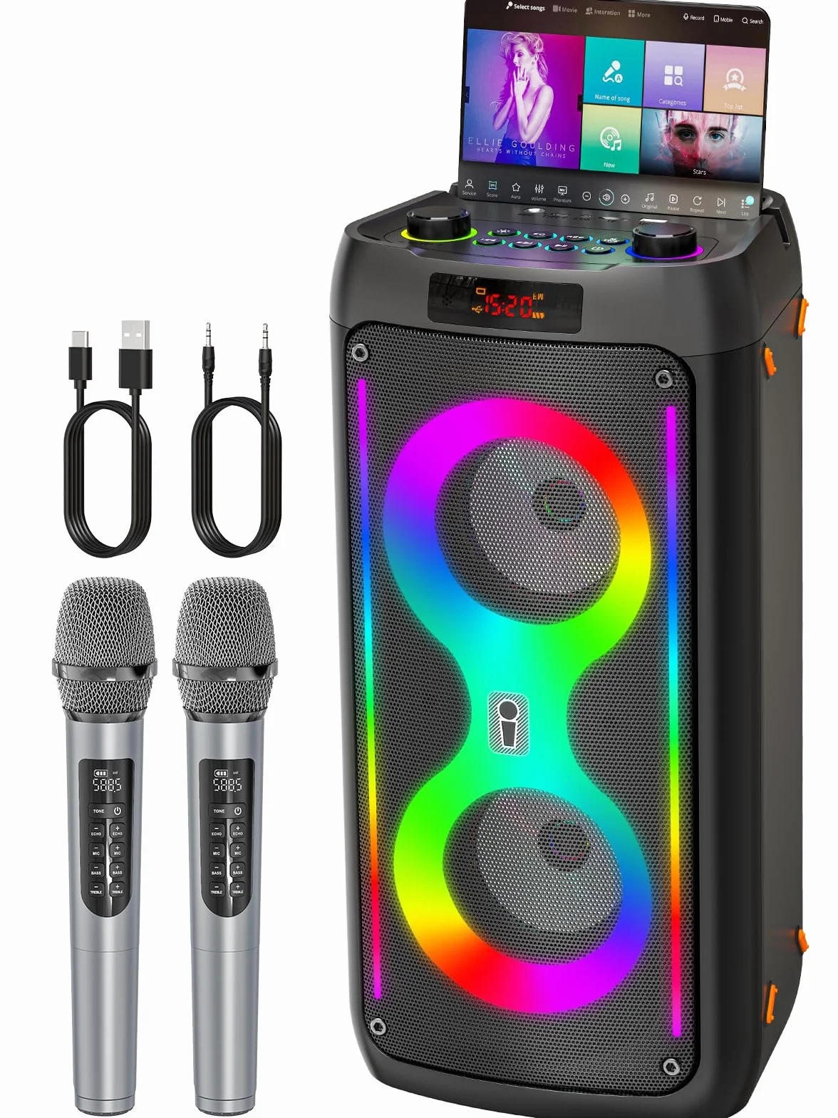 Máquina de Karaoke para Adultos, Altavoz Bluetooth Portátil con 2 Micrófonos inalámbricos, Sistema PA con Iuces de Discoteca para Fiestas Grandes, al Aire Libre, soporta USB/TF/Rec/AUX