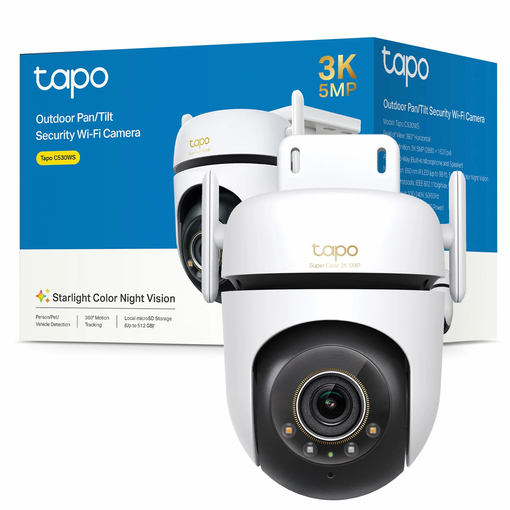 Tapo C530WS - Cámara Seguridad Exterior 360° 3K 5MP, Visión Nocturna Color, Resistencia IP66, Alarma Sonora/Luz, Detección AI, Almacenamiento Nube/SD 512GB, Audio Bidireccional