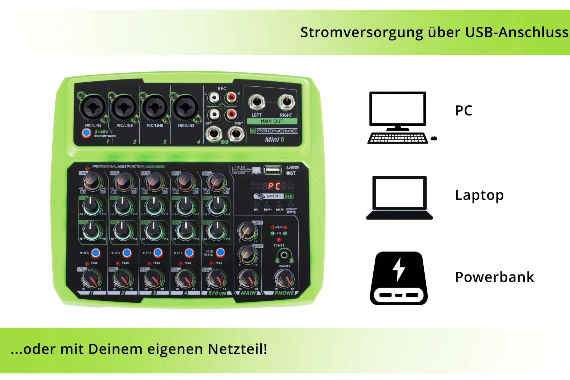 Pronomic Mini6 Mesa de Mezclas USB - Mezclador de 6 Canales - 4 Canales con Entradas Combo - Entrada Estéreo - Reproductor/Grabador Multimedia con Bluetooth - Interfaz de Audio - Verde