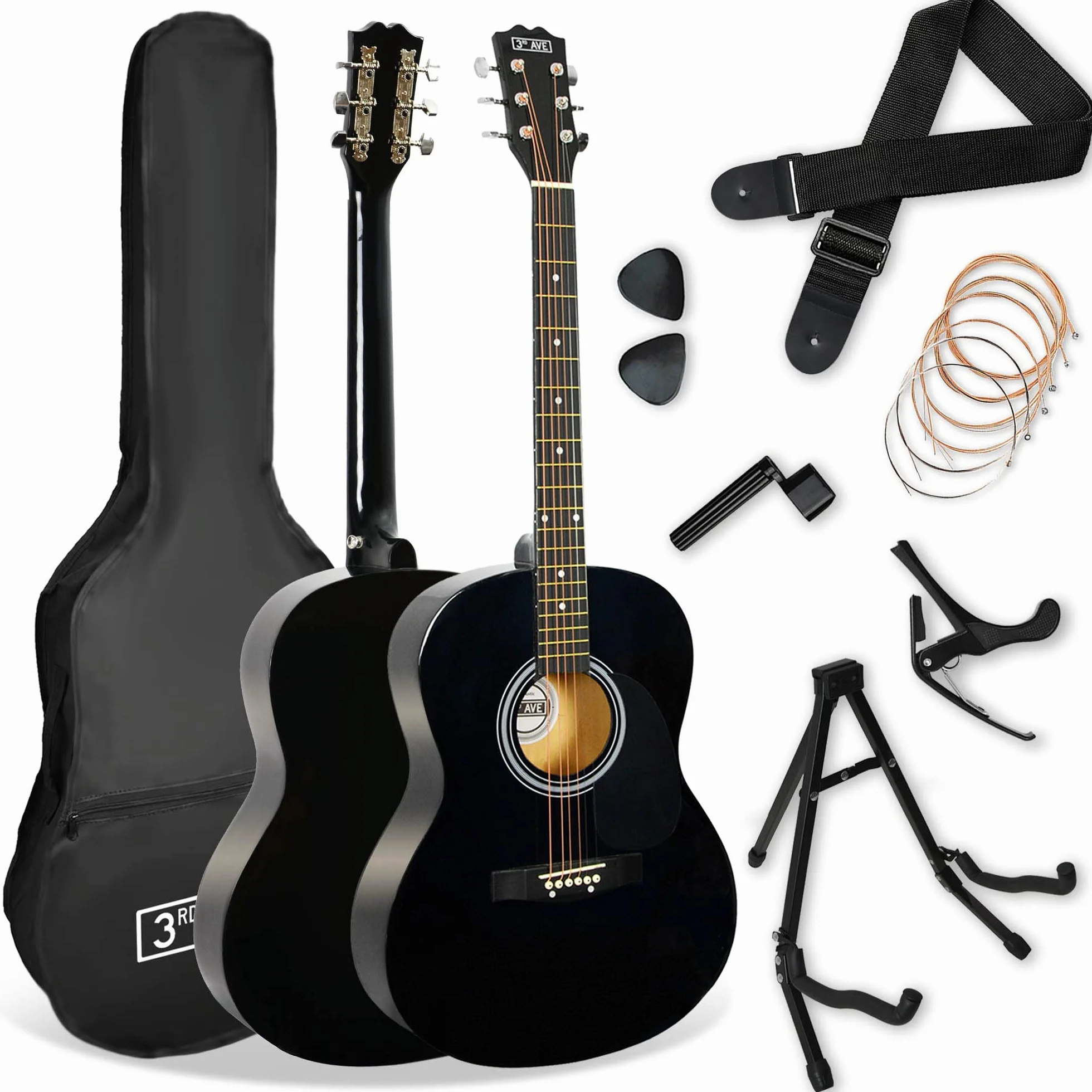 3rd Avenue Pack de guitarra acústica de tamaño estándar 4/4 para principiantes de 3rd Avenue, funda de transporte, púas, cuerdas de repuesto, soporte, correa y cejilla, Negro