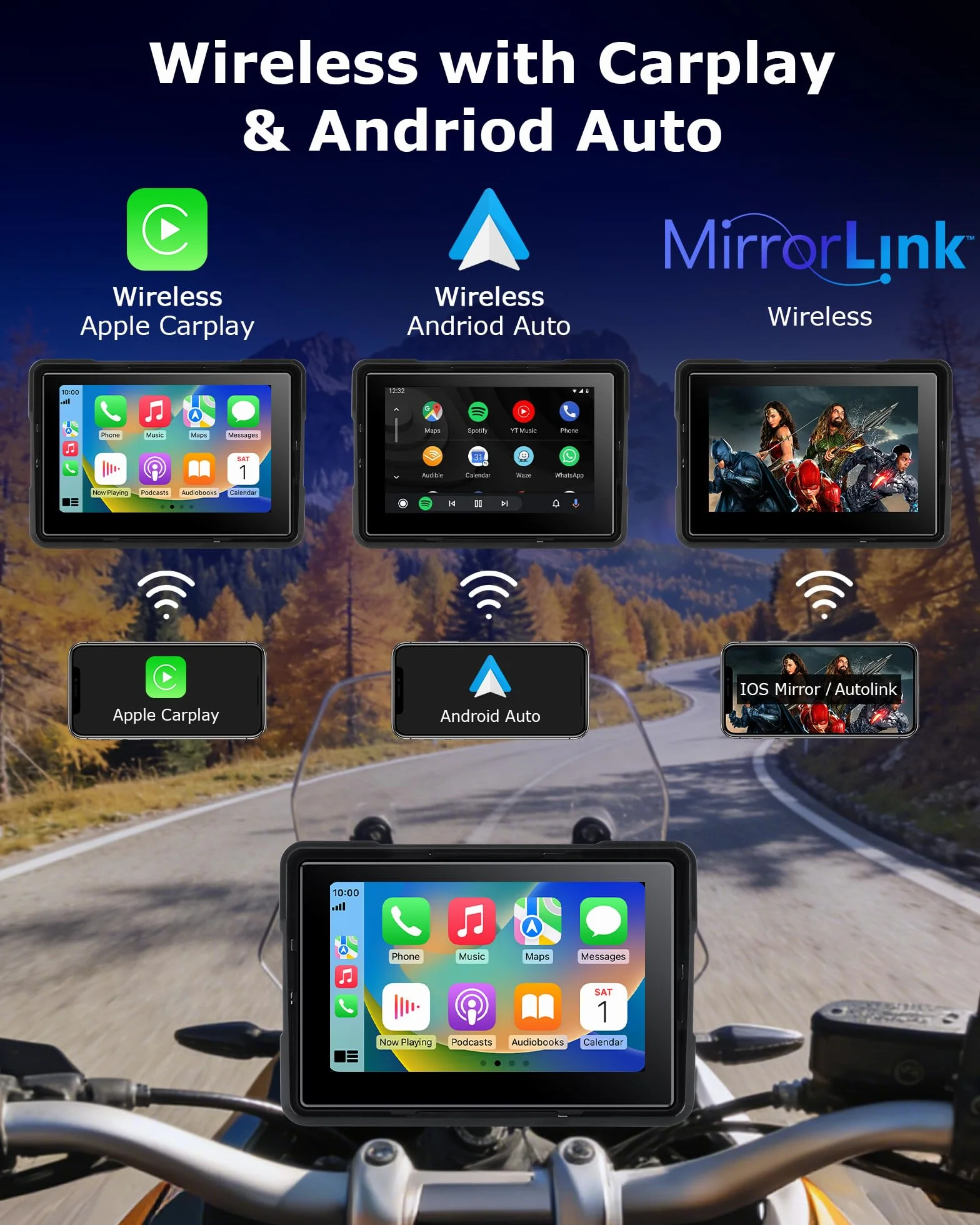 Jansite Pantalla Carplay Moto Android Auto 5 Pulgadas Navegador GPS TPMS IP67 Impermeable Inalámbrica