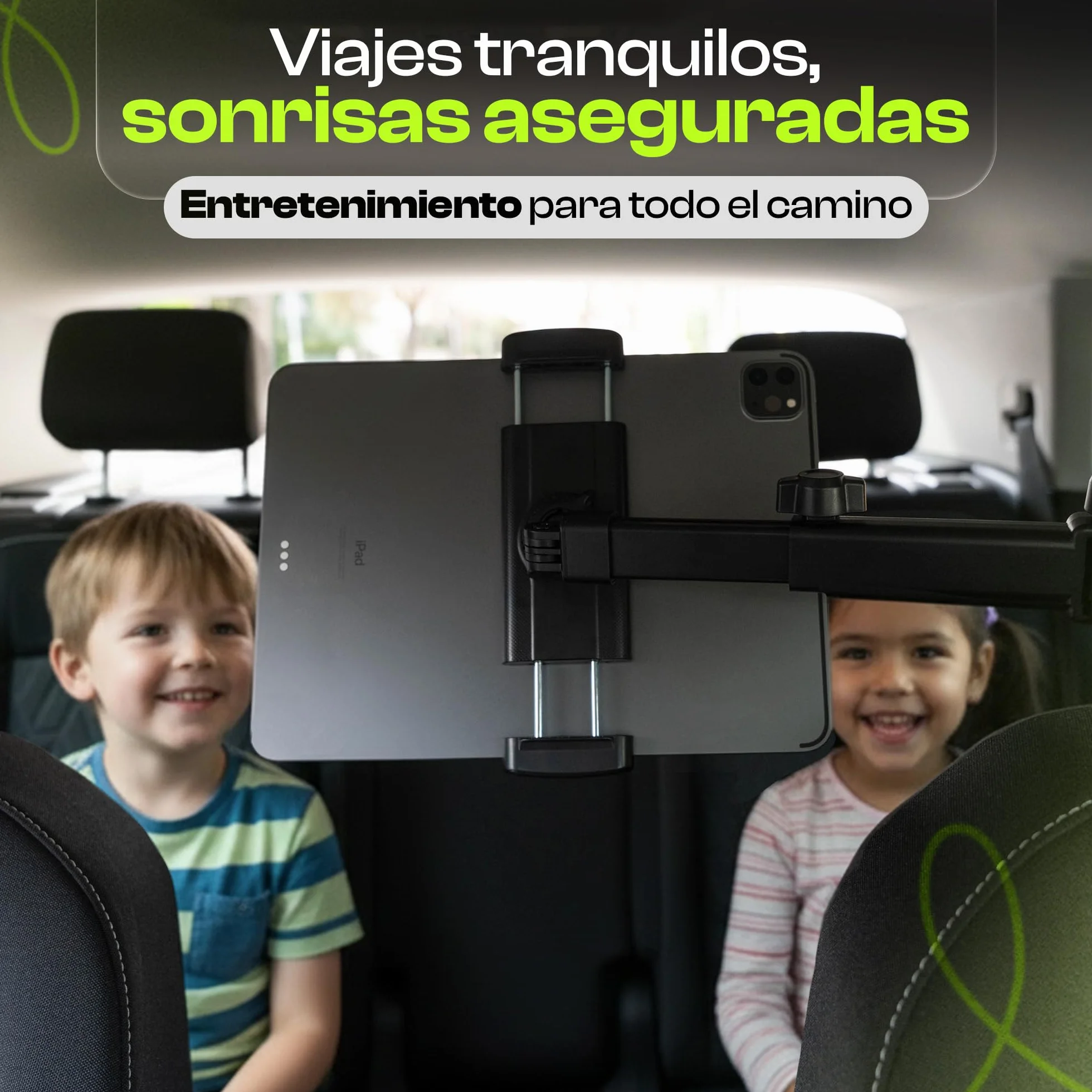 Soporte Tablet Coche Reposacabezas - Soporte iPad para Asiento Trasero - Cable 1,2 m Incluido – Brazo Extensible Antivibración 360º – Compatible 4,7″–13″ (Tablet, iPad, Movil)