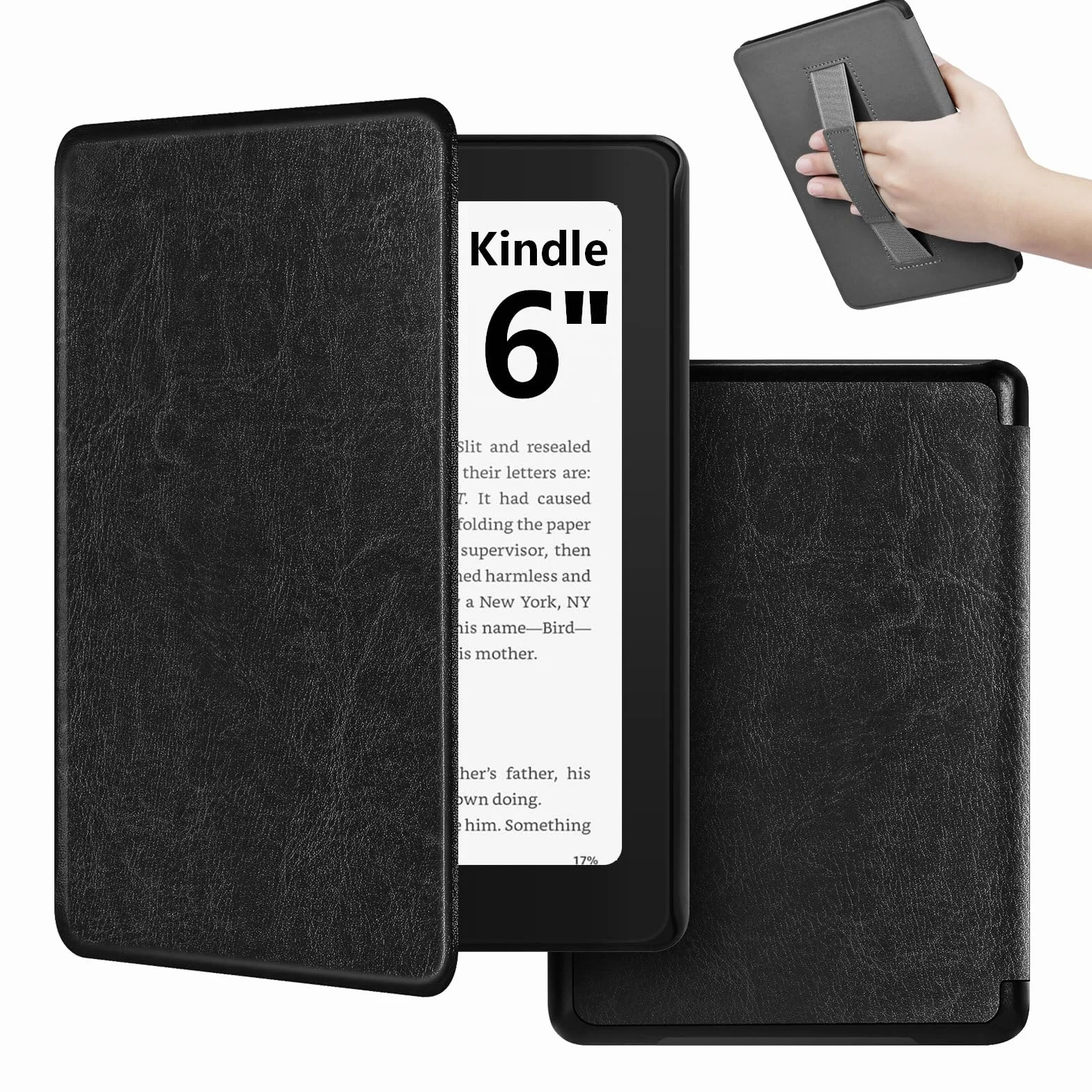 Funda para 6 Pulgadas e-Reader 2024/2022 Ebook Reader 6", Carcasa Funda Ligera con Correa de Mano, Auto Sueño/Estela, Premium PU Funda de Cuero für 6" eReader, Negro