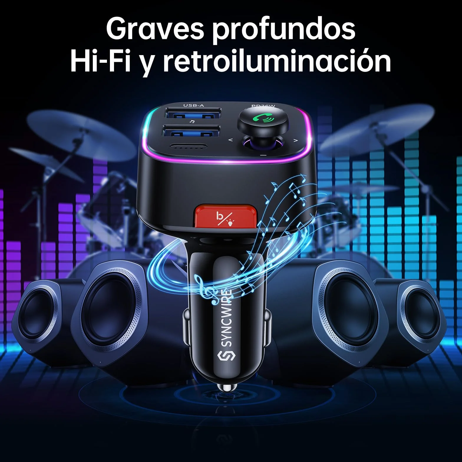 SYNCWIRE Transmisor FM Bluetooth 5.4 para Coche,48W(PD 36W & 12W) Doble USB Cargador Adaptador Receptor de Radio Inalámbrico,Pantalla LED,Llamadas Manos Libres,Soporte Unidad USB de 64GB,Negro