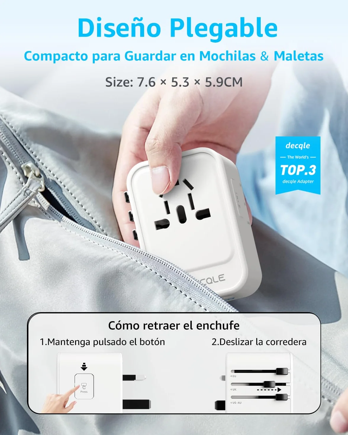 Adaptador Enchufe Universal de Viaje con 2 USB-C PD 20W y 1 USB-A para EU Reino Unido EE. UU. Canadá Australia 224 Países Blanco