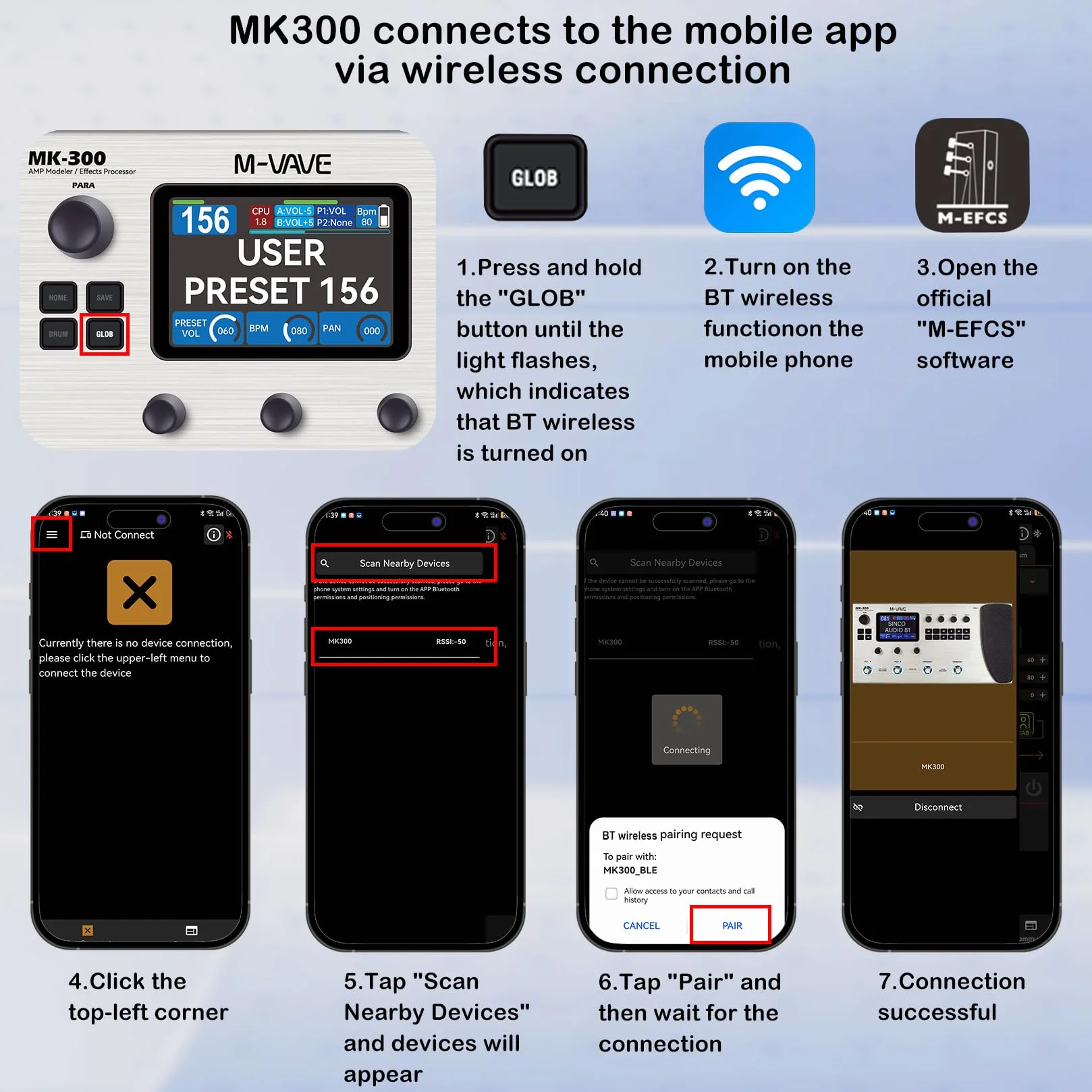 M-VAVE MK-300 Modelador de bajo y guitarra AMP y procesador de efectos con más de 320 efectos, 160 preajustes, Looper, máquina de ritmos, batería USB/BT 10H para grabación en directo/grabación