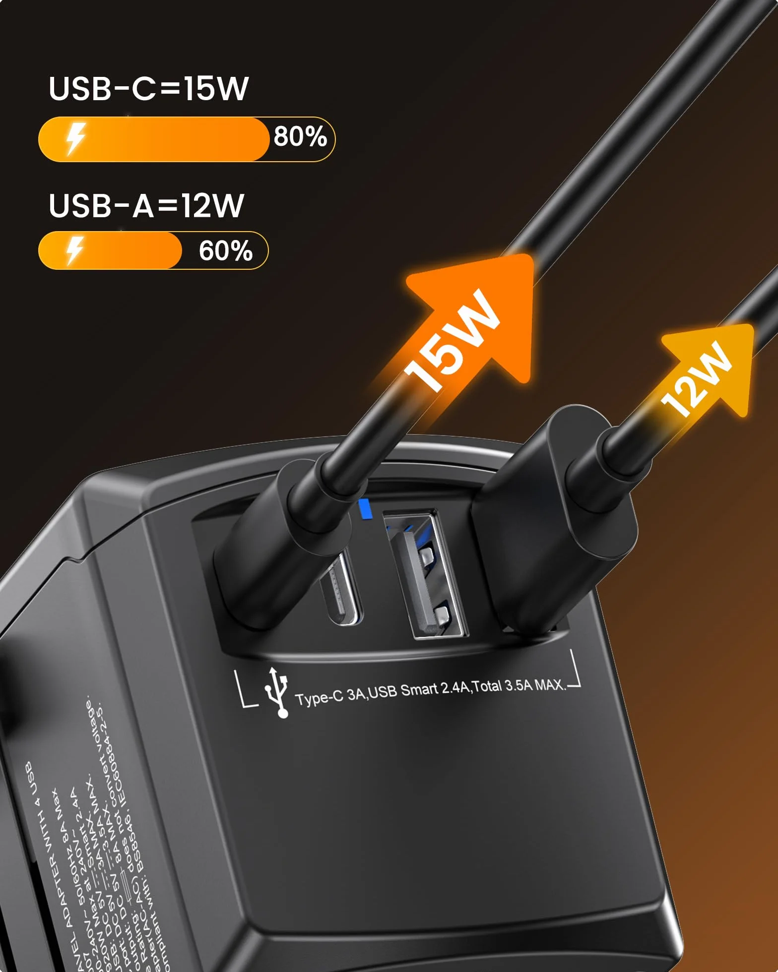 LENCENT Adaptador Enchufe de Viaje Universal, Cargador de Pared USB Internacional de 2 Puertos USB-A y 2 Tipo C para EEUU/UK/EU/AUS Más de 200 Países para Teléfonos, Tabletas, Cámara y más, Negro